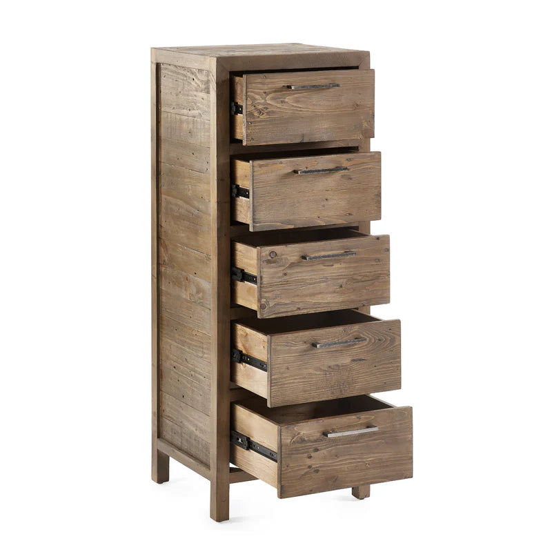 Wooden dresser with five drawers on a white background