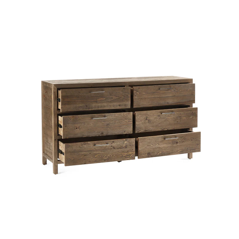 Wooden dresser with six drawers on a white background