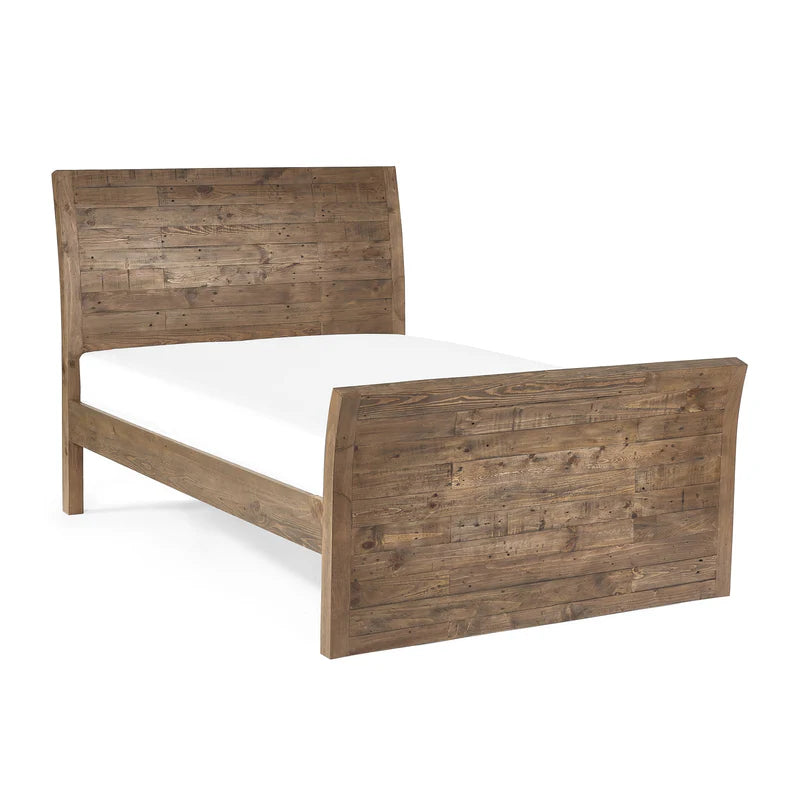 Wooden bed frame with a rustic finish on a white background