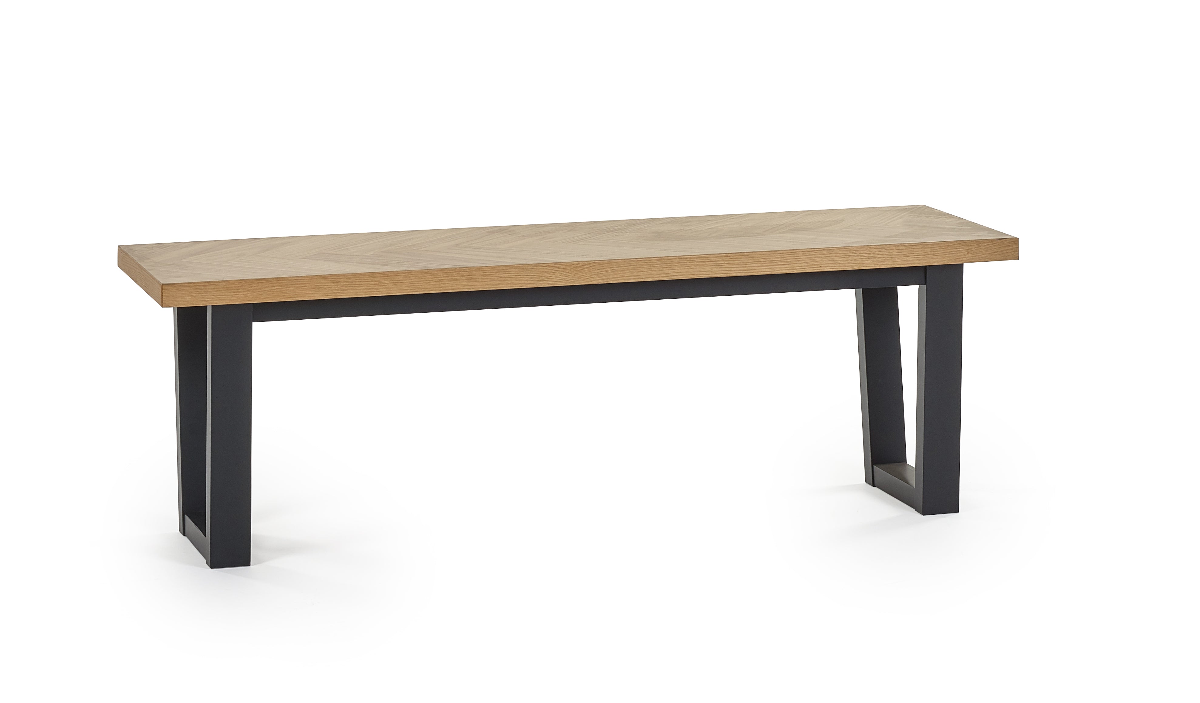 Long wooden table with black metal legs on a white background
