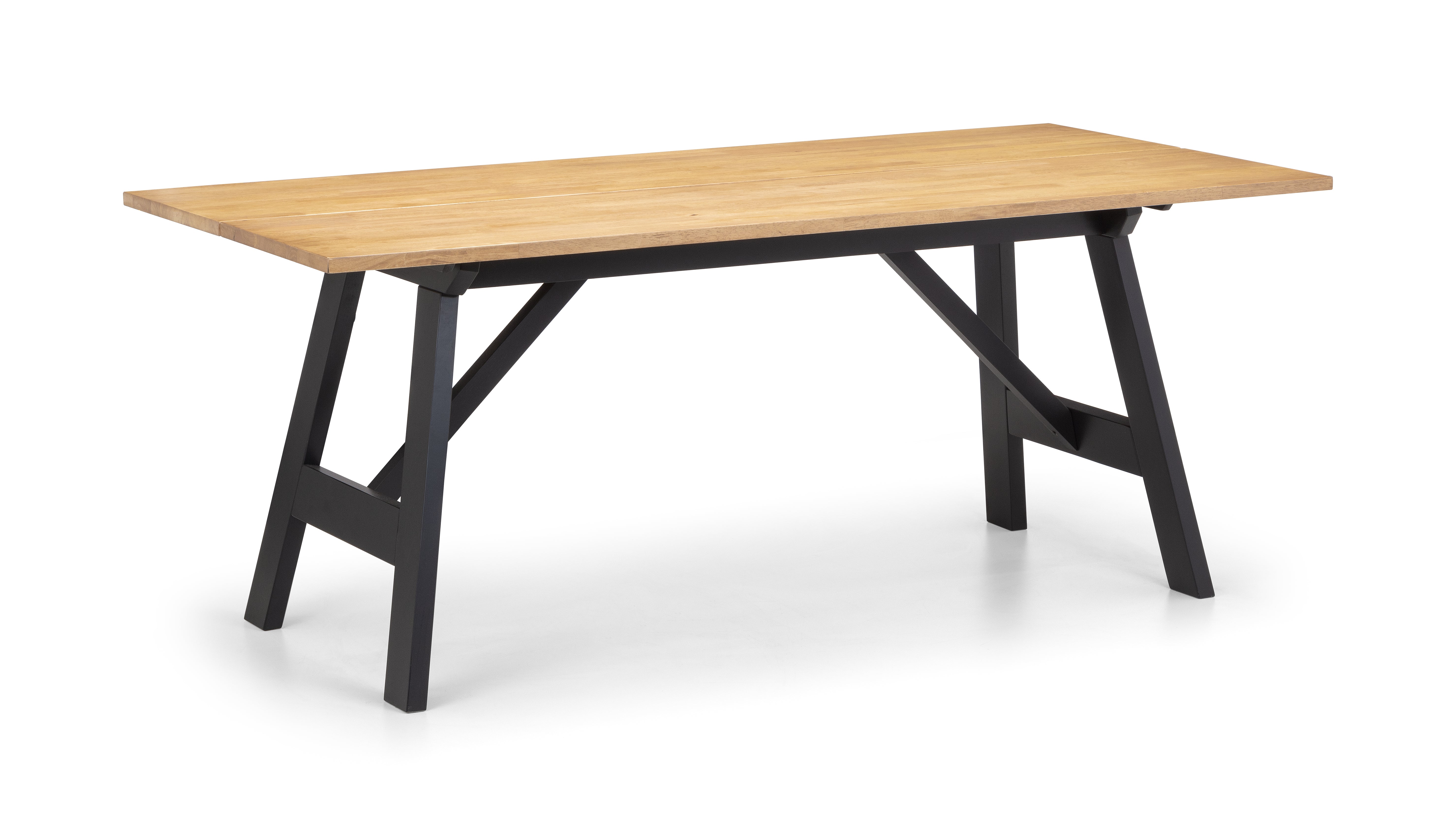 Wooden table with black metal legs on a white background