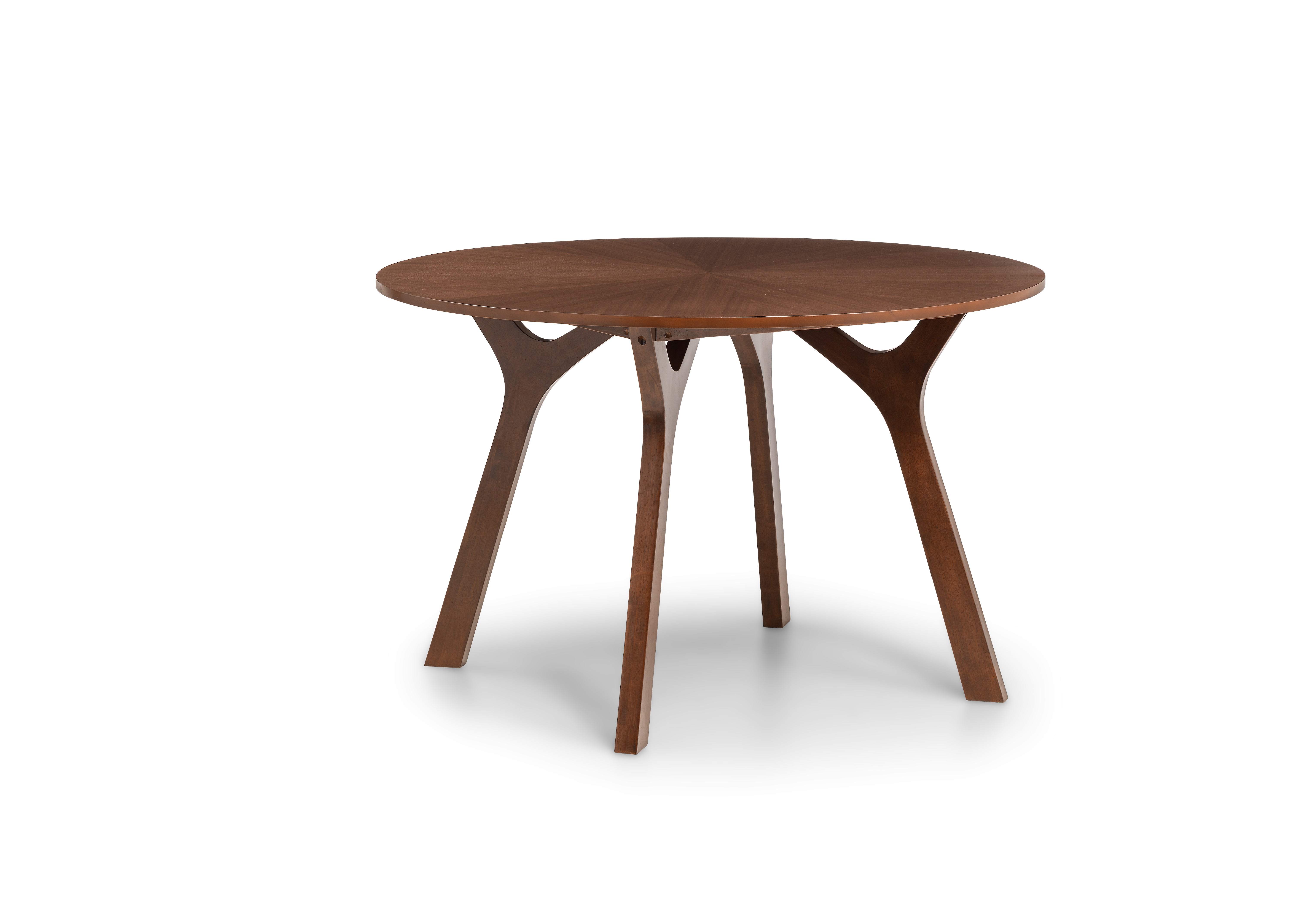 Wooden round table with unique leg design on a white background
