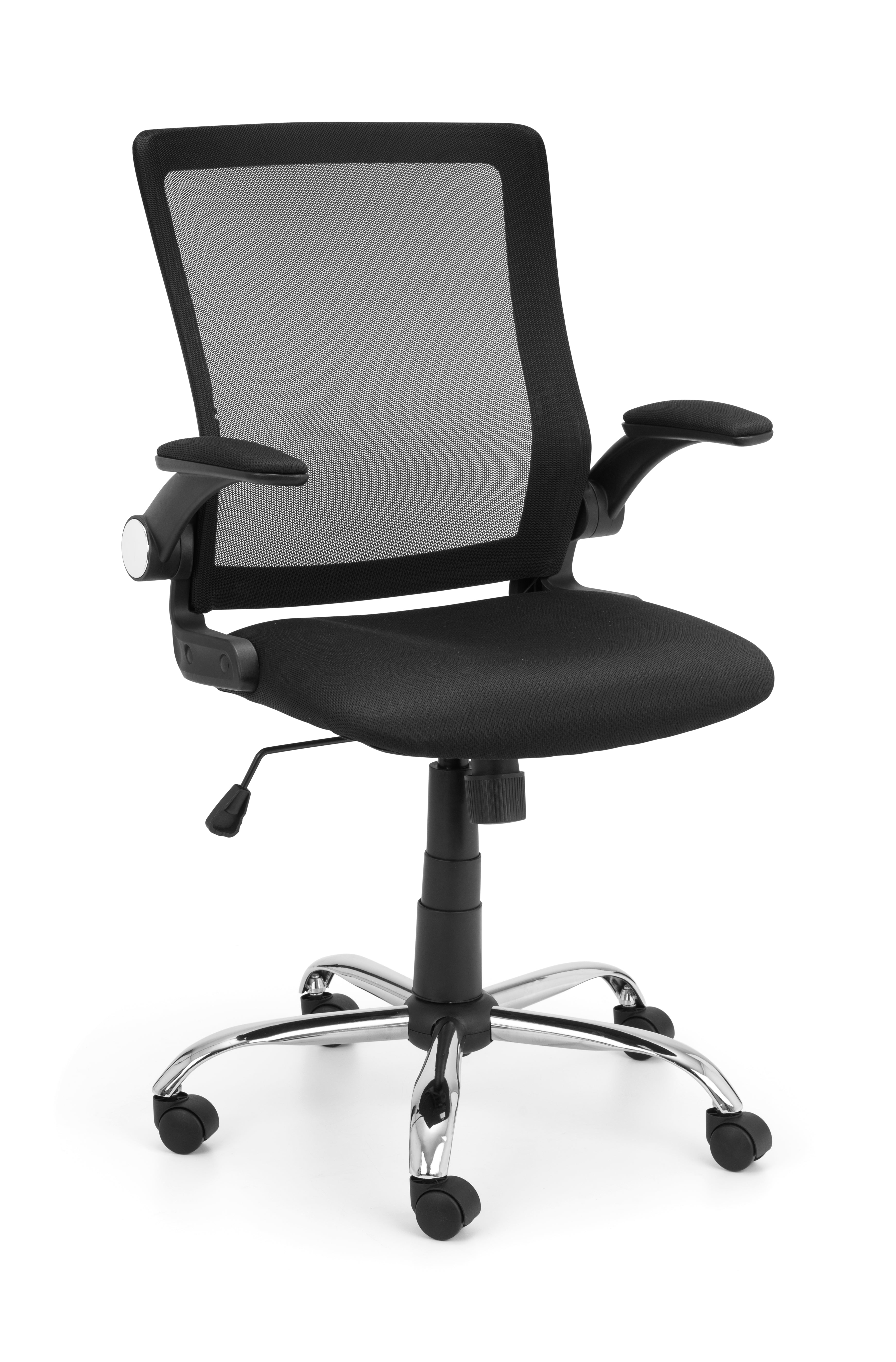 Black office chair with mesh backrest on a white background