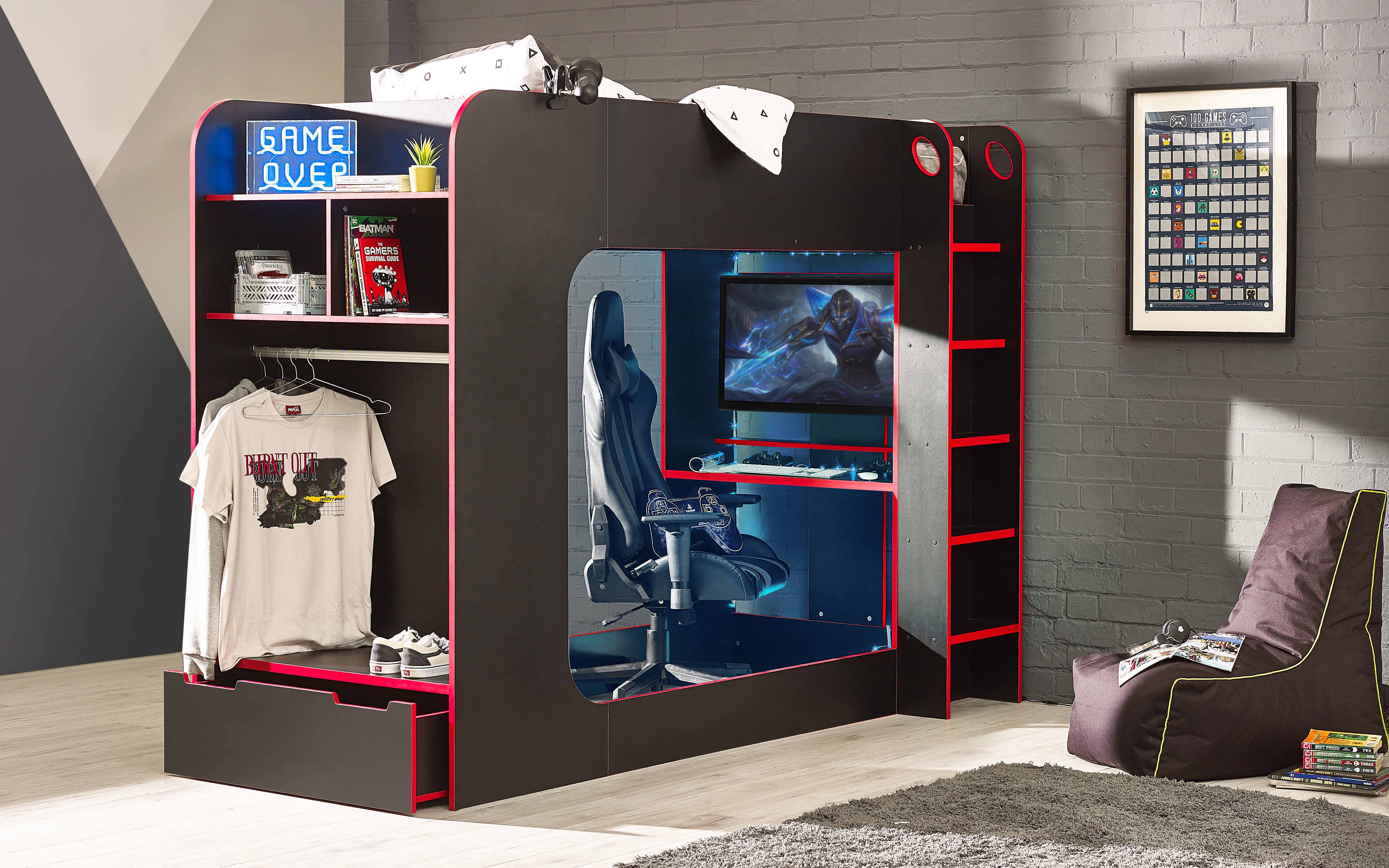 Gaming room setup with a computer desk, chair, and shelves.