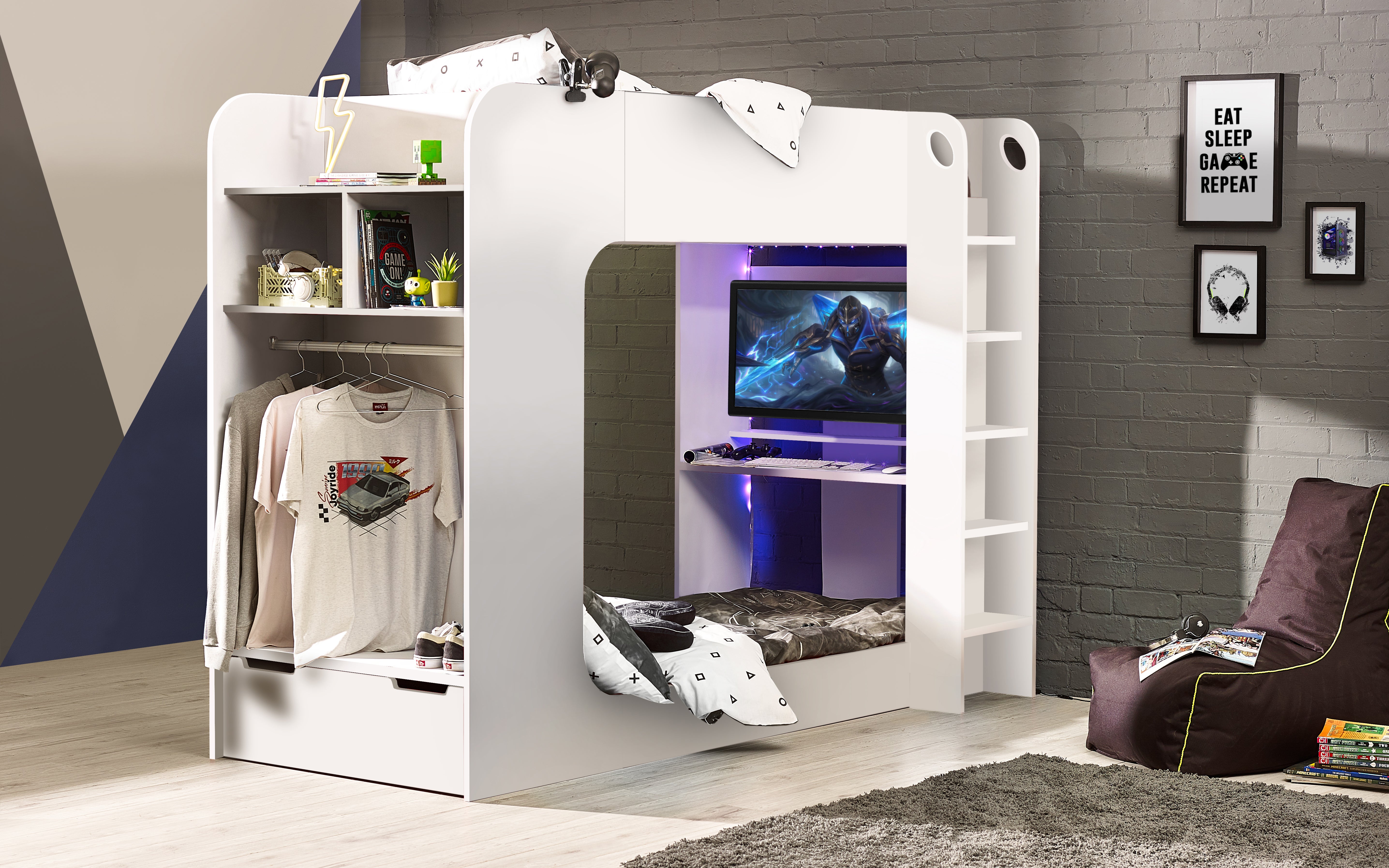 White bunk bed with desk and entertainment area in a room setting.