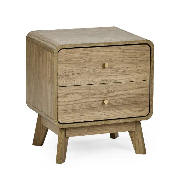 Wooden nightstand with a single drawer on a white background