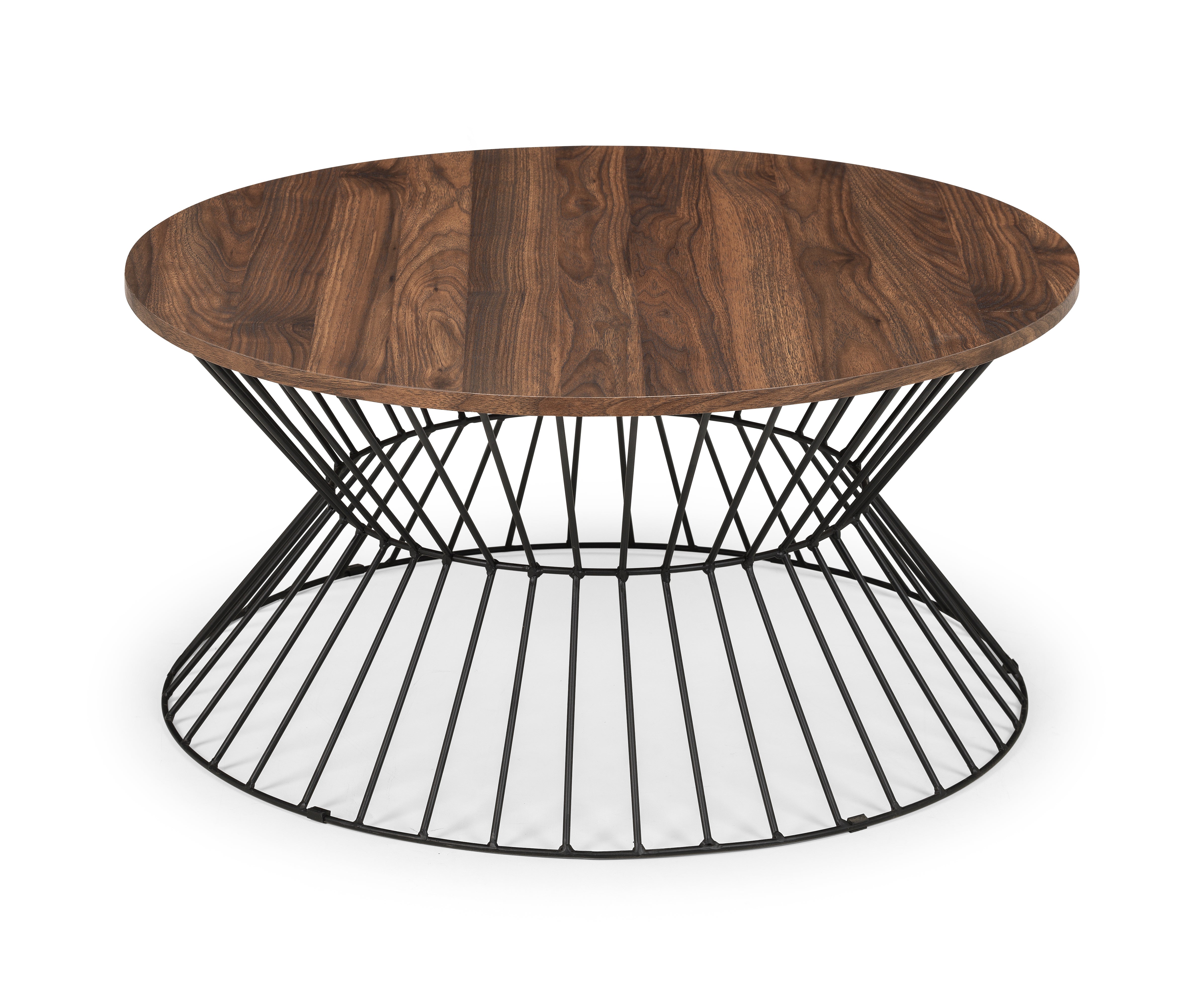 Wooden top coffee table with black metal base on a white background