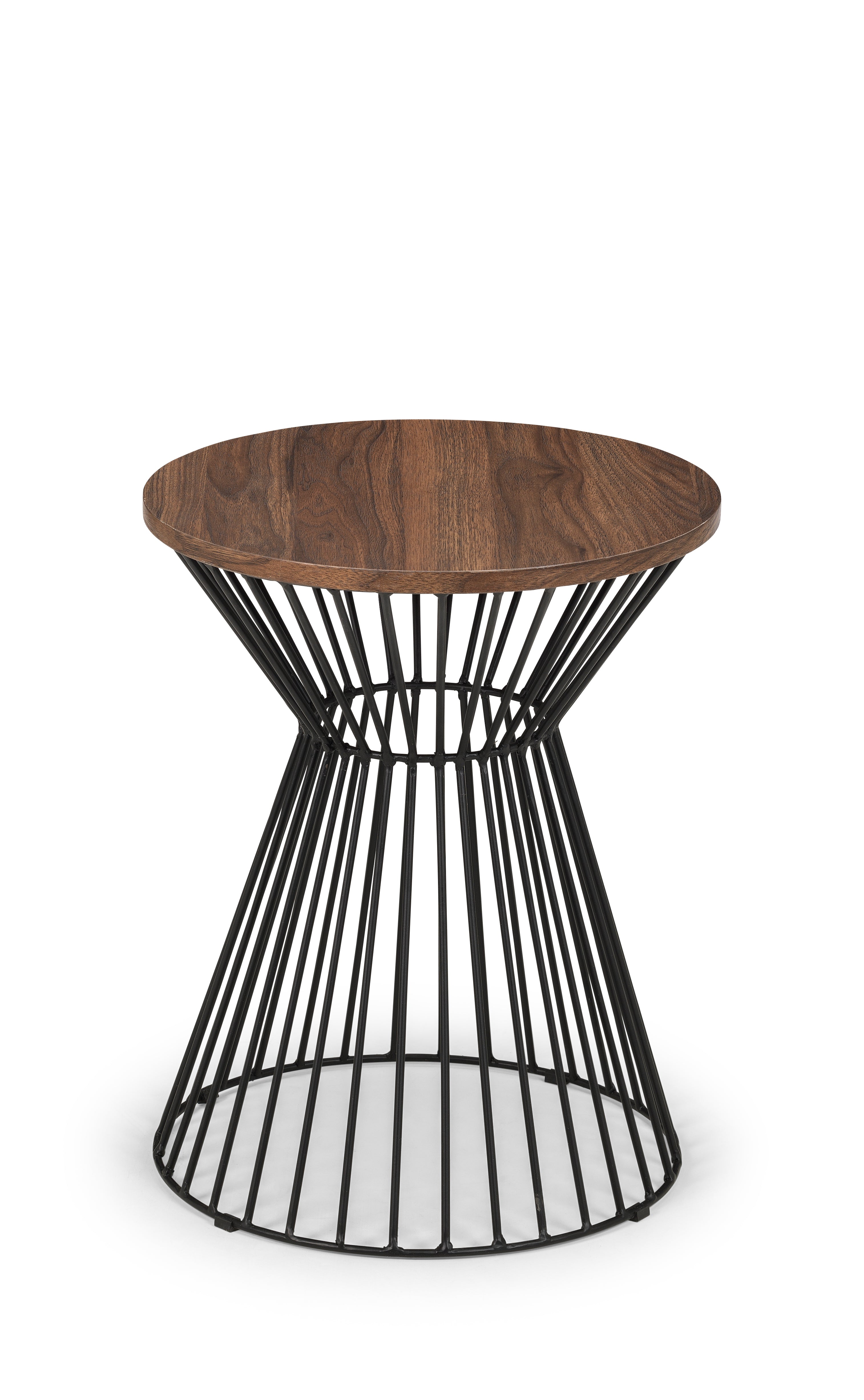 Side table with wooden top and black metal base on a white background