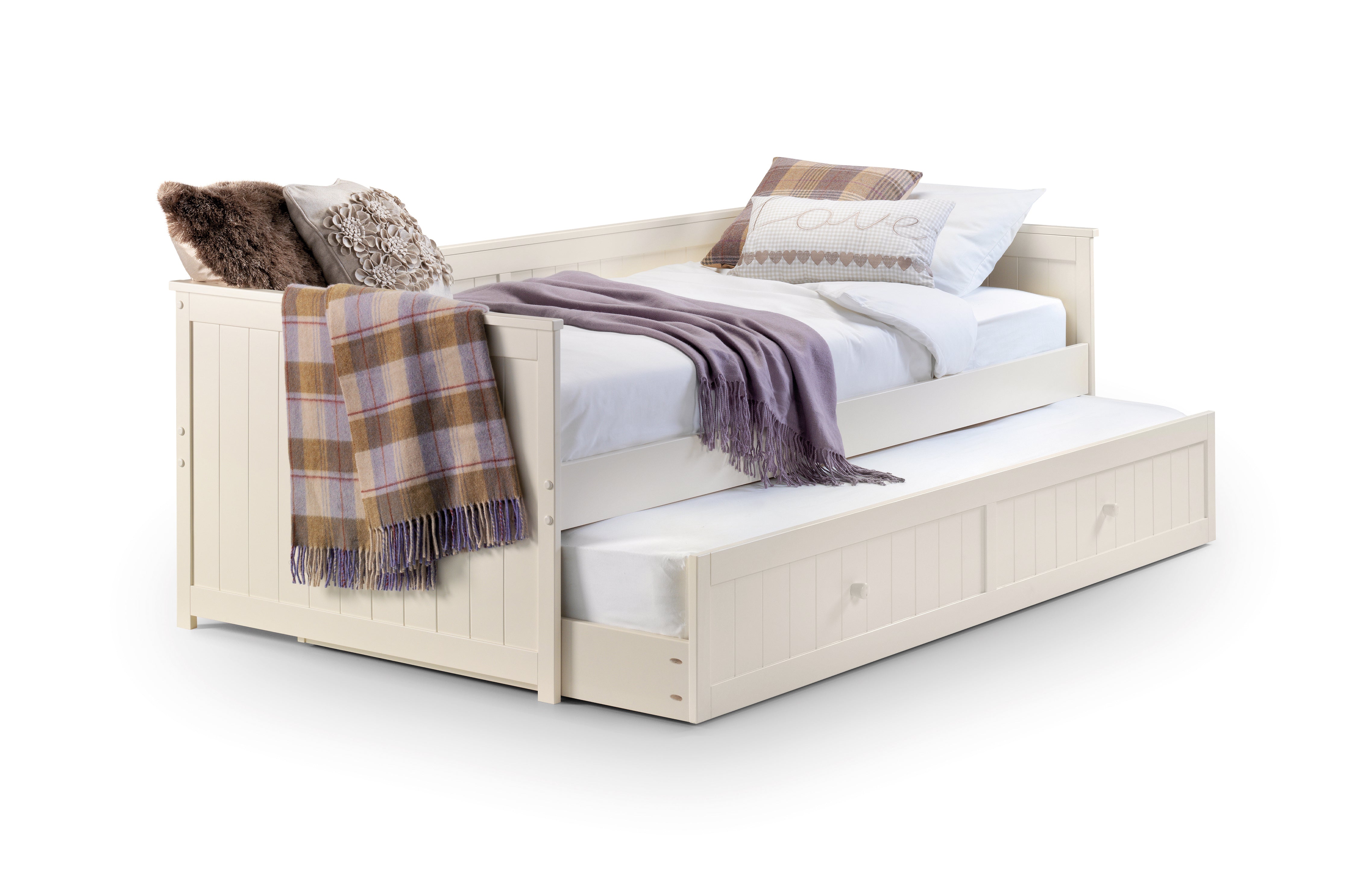 Wooden bed with trundle and blankets on a white background