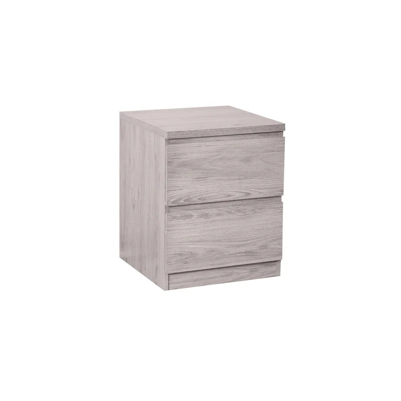 Gray wooden nightstand with two drawers on a white background