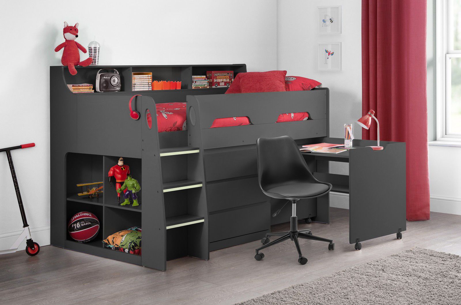 Children's room with a gray loft bed, desk, and toys.