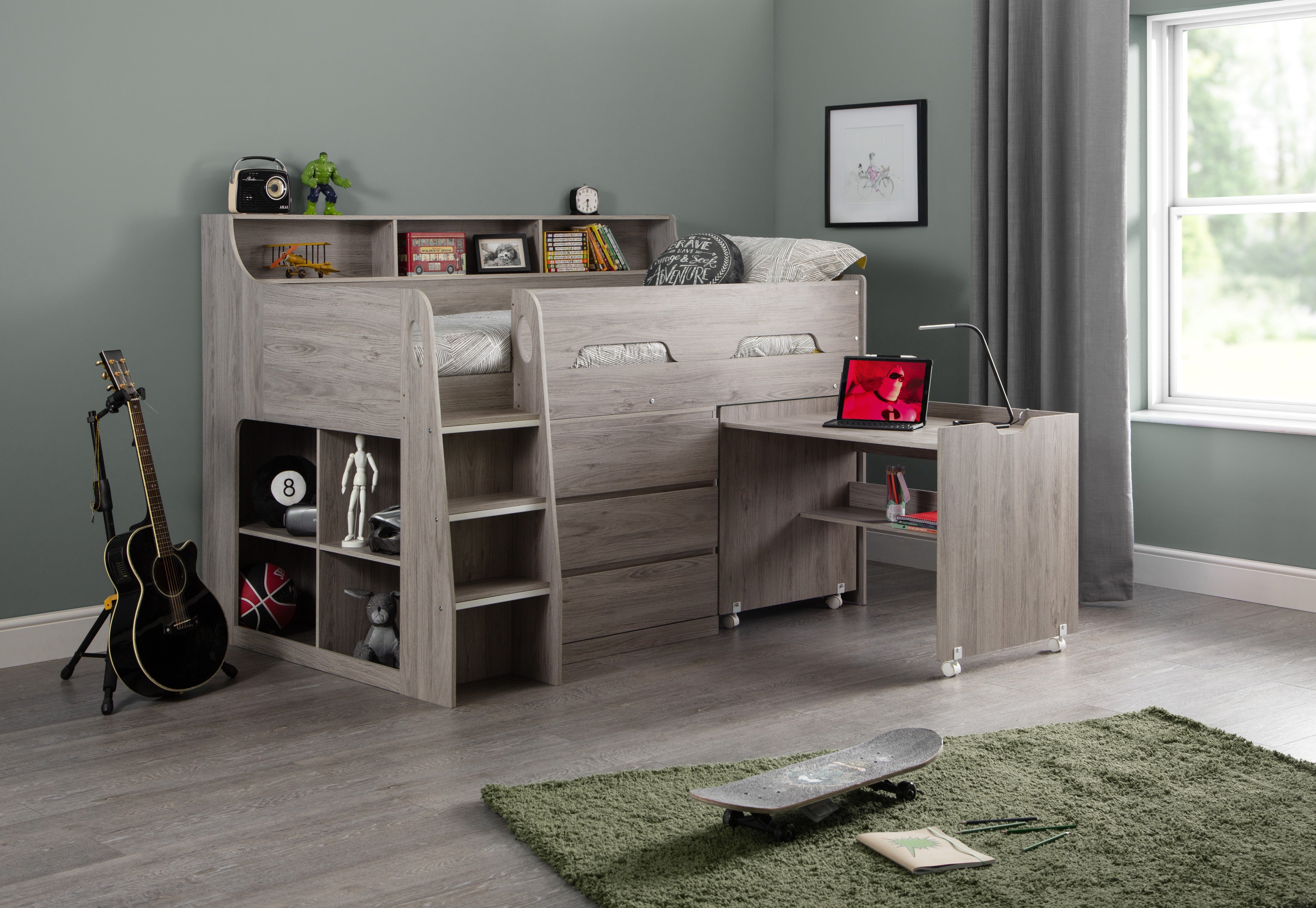 Modular children's room furniture with bed, desk, and shelves in a room setting.
