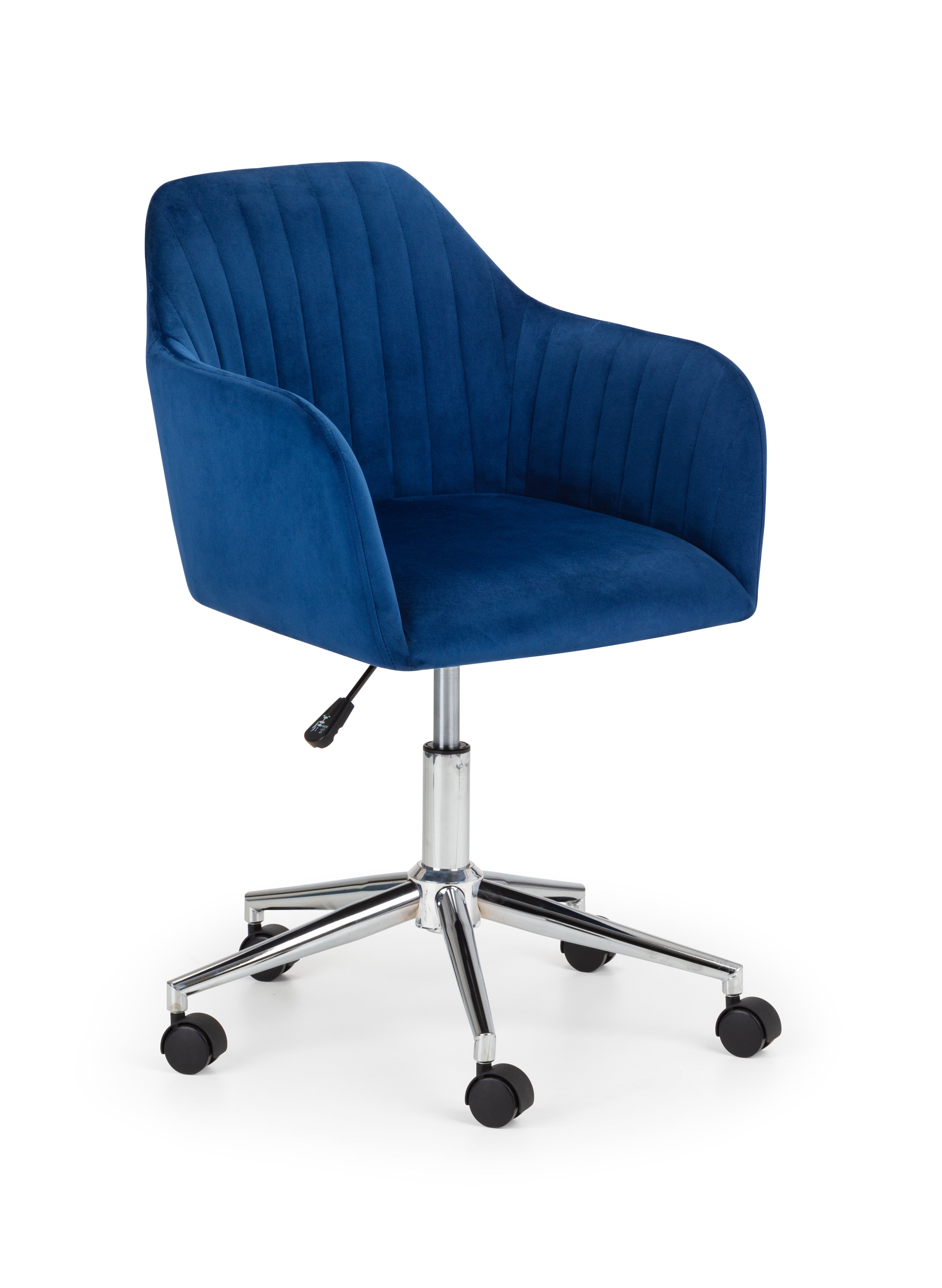 Blue office chair with a chrome base on a white background