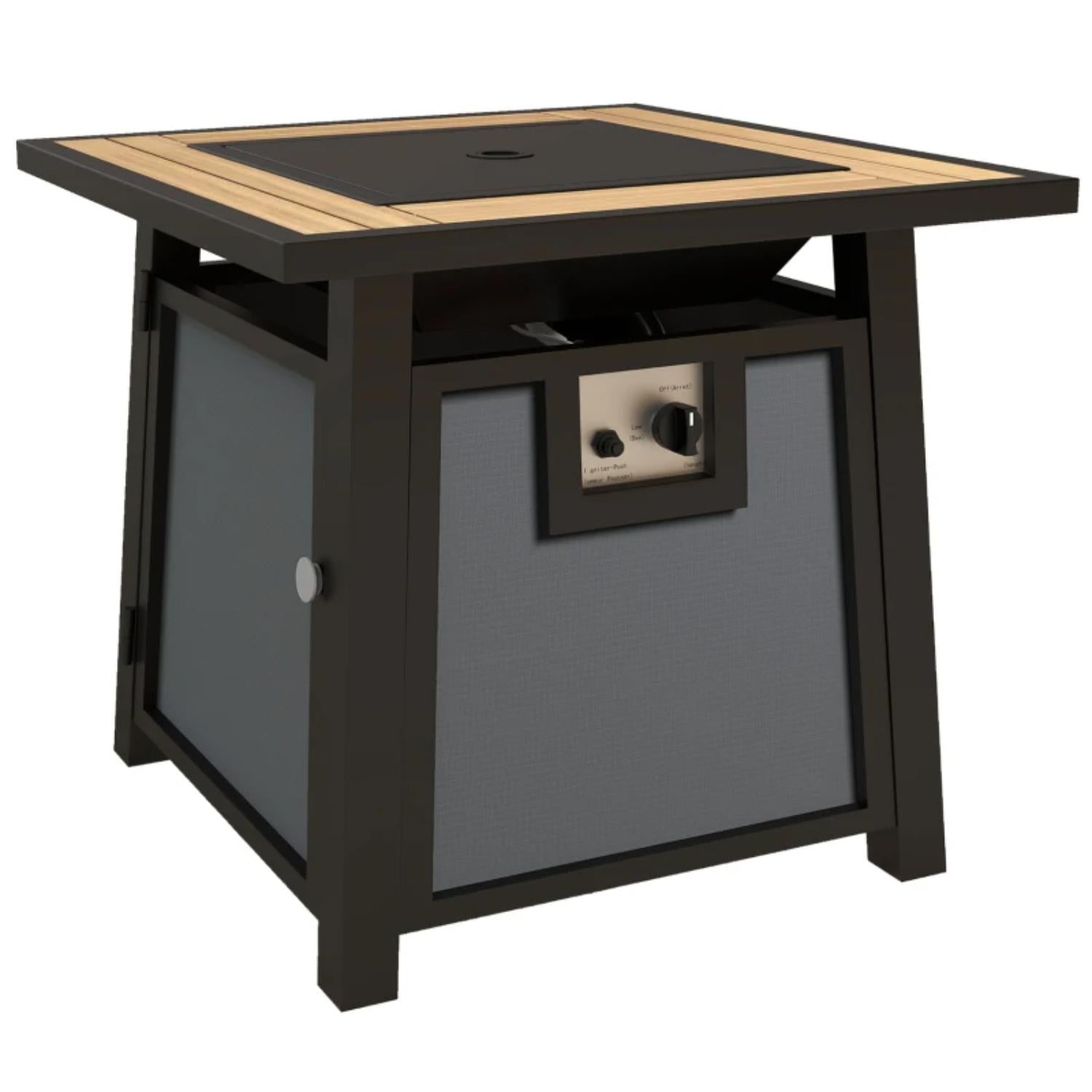 Outdoor fire pit table with wooden top and black base on a white background