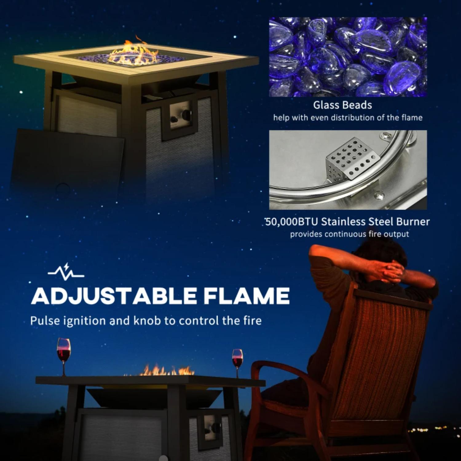 Outdoor fire pit table with adjustable flame feature, surrounded by a dark blue night sky.