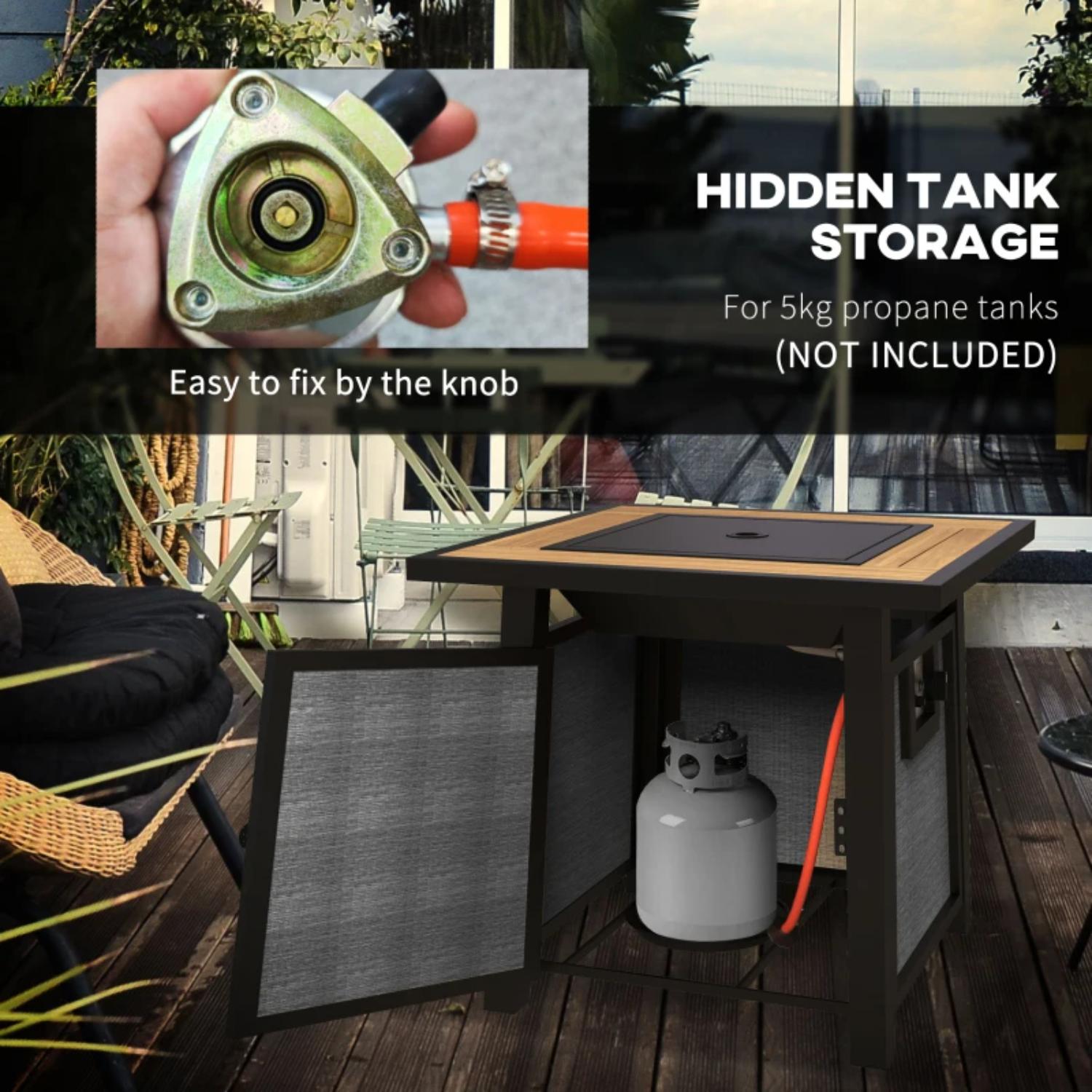 Outdoor furniture with hidden tank storage for propane tanks, featuring a close-up of a valve.