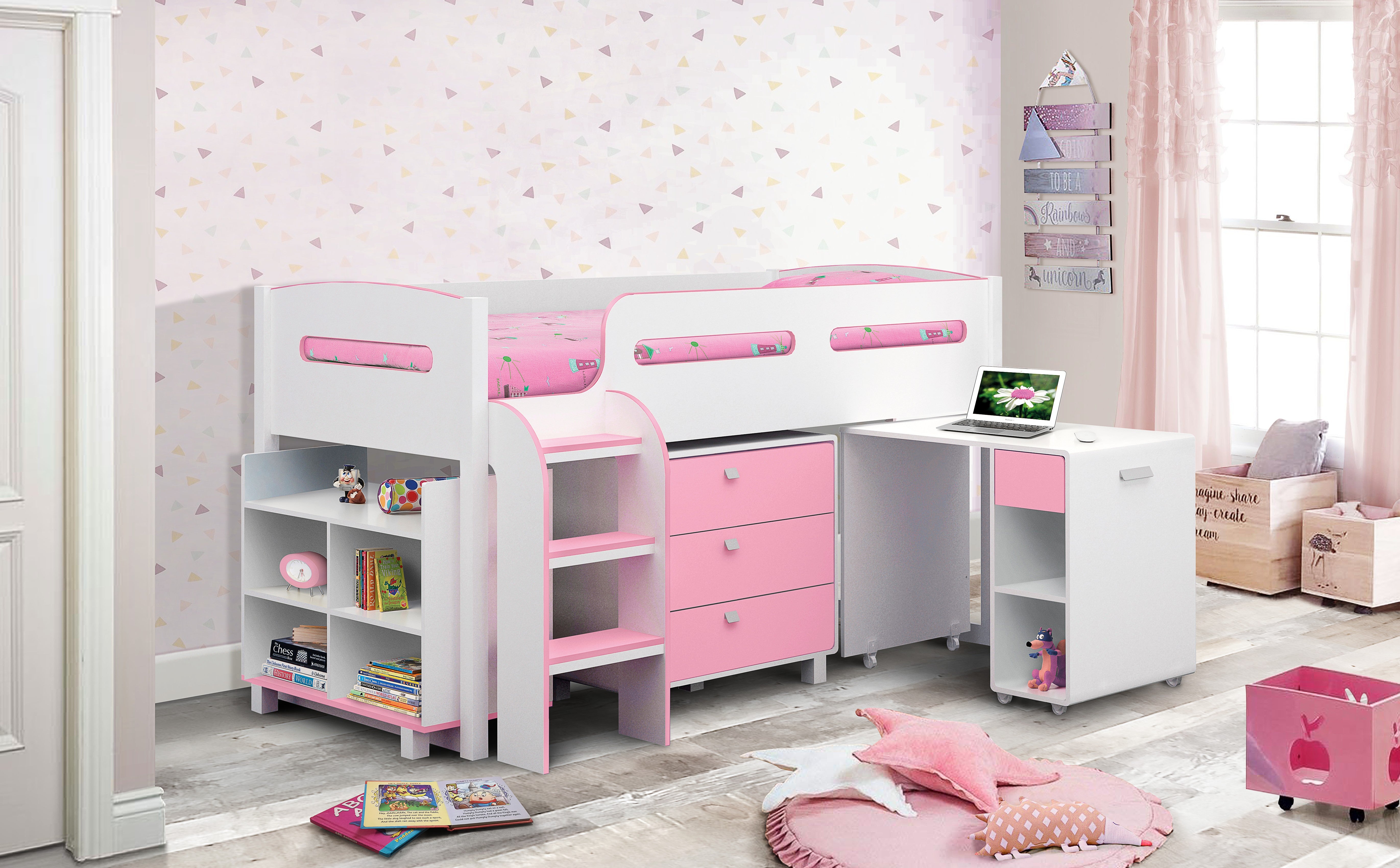 Children's room with a pink and white bed, desk, and shelves.