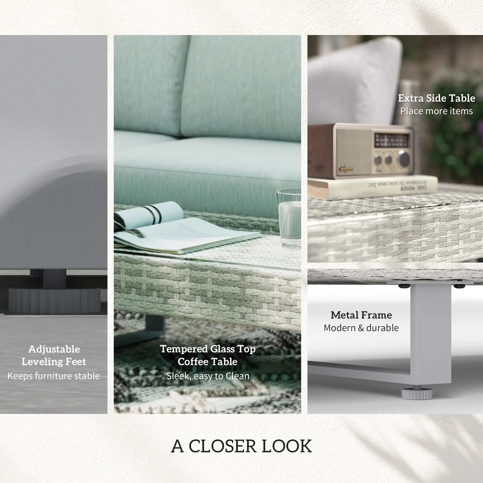Collage of a coffee table with features highlighted, including adjustable leveling feet, tempered glass top, and metal frame.