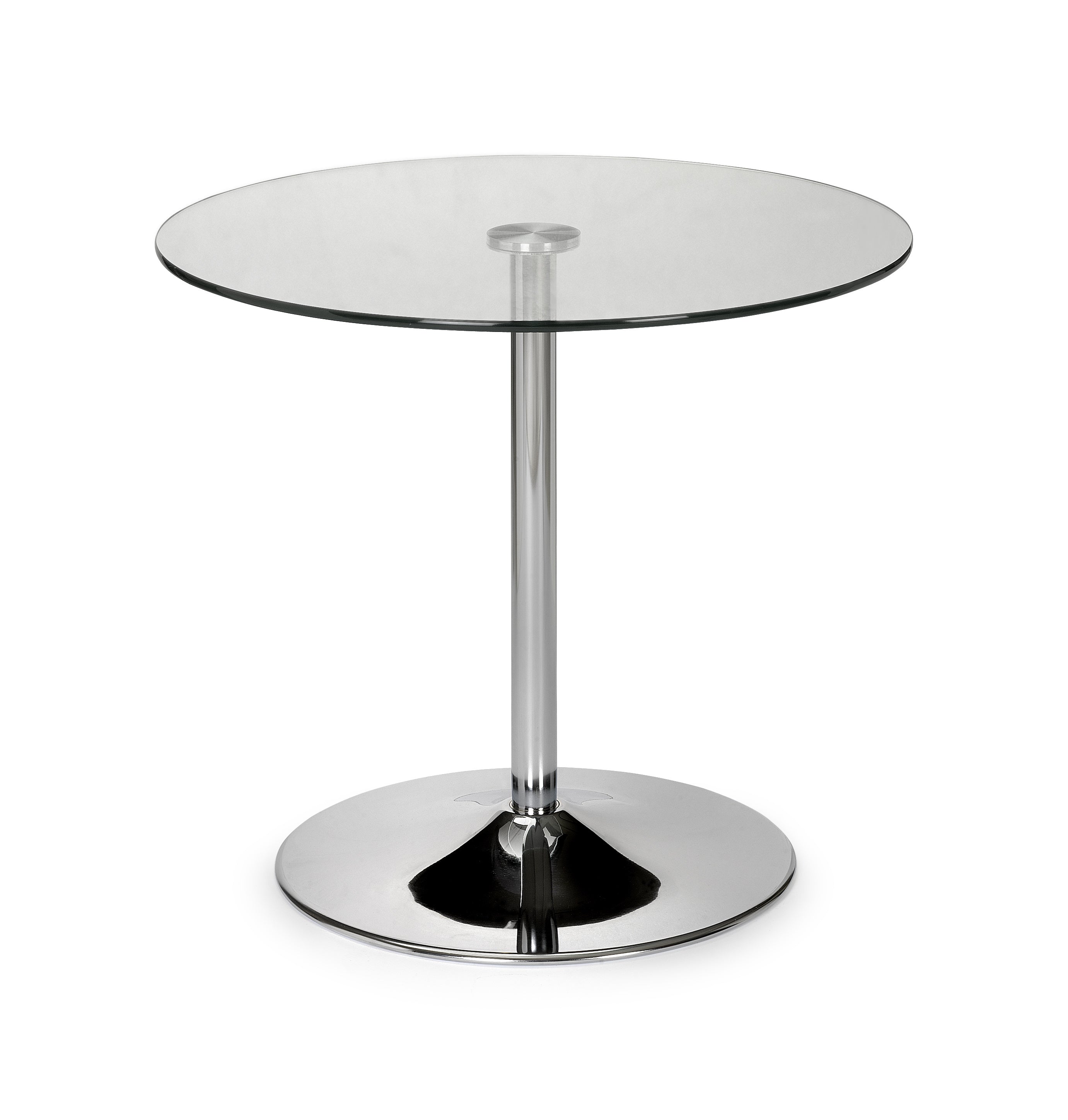 Round glass table with chrome base on a white background