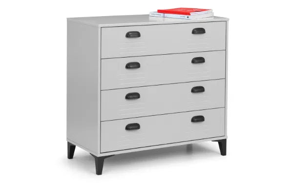 Gray dresser with four drawers on a white background