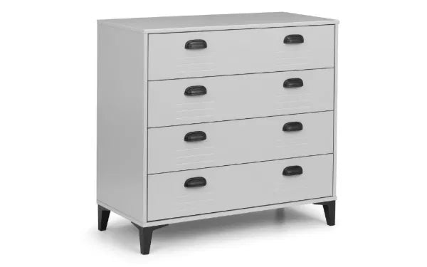 Gray dresser with black handles on a white background