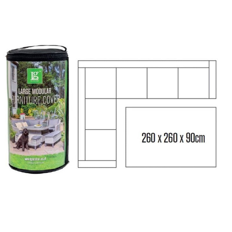 Furniture cover packaging with dimensions and layout diagram on a white background