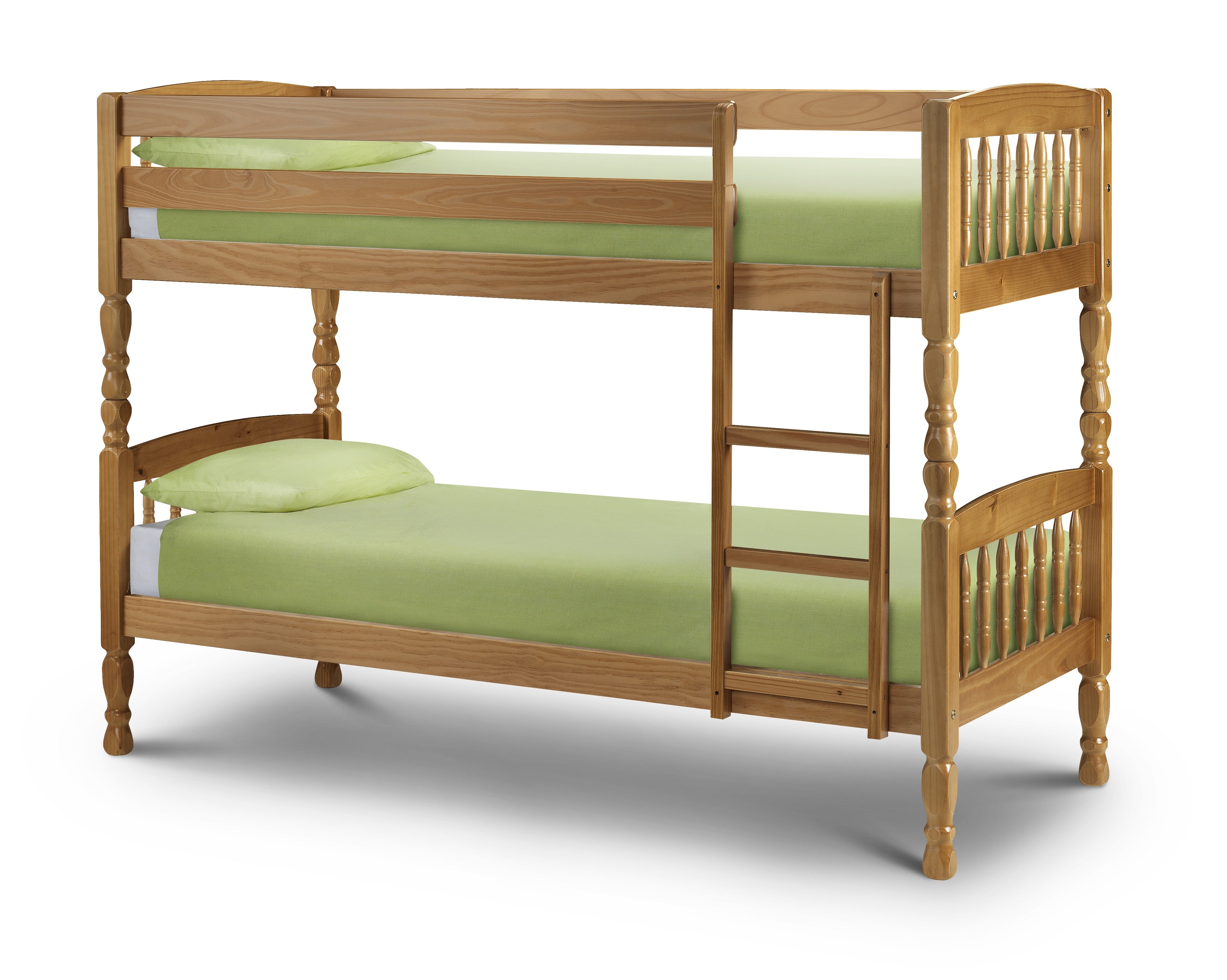 Wooden bunk bed with green mattresses on a white background