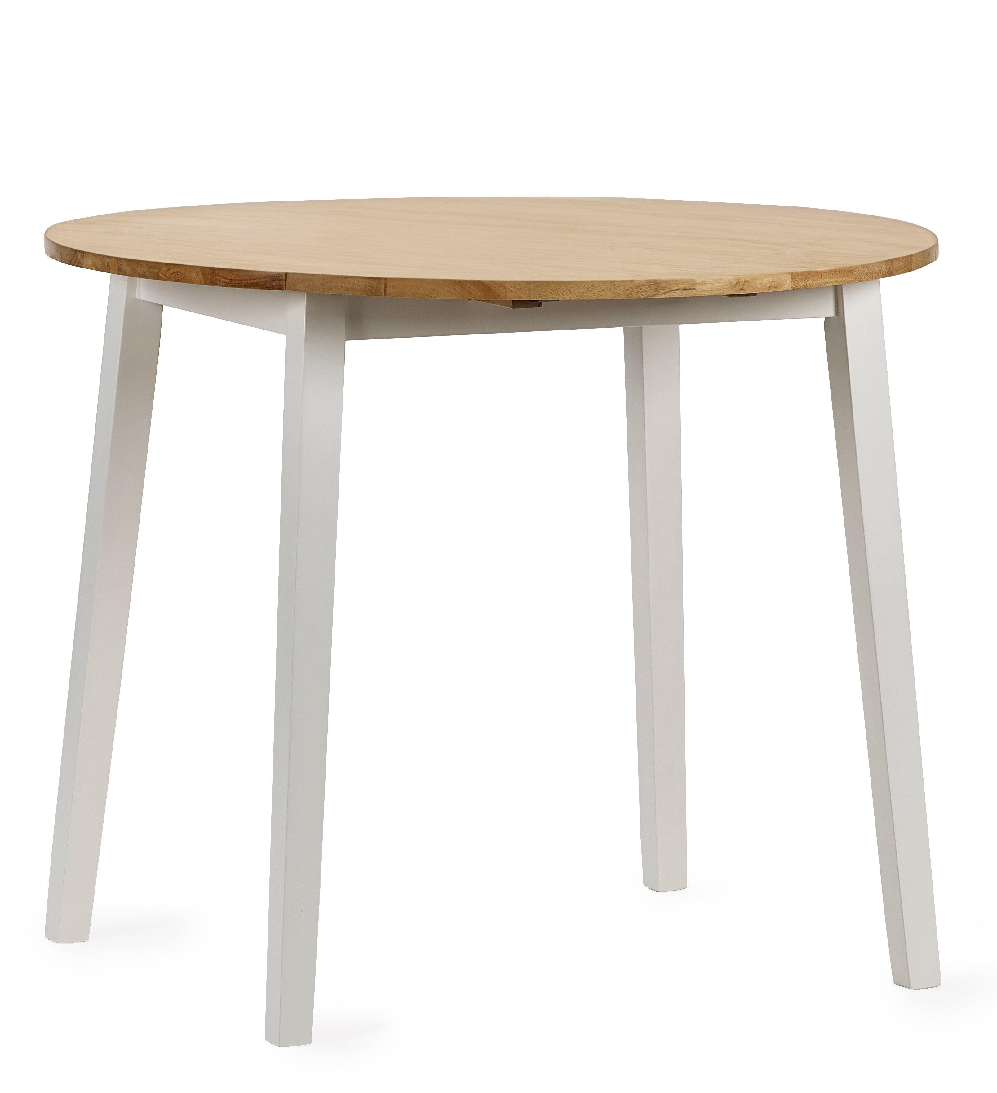 Round wooden table with white legs on a white background