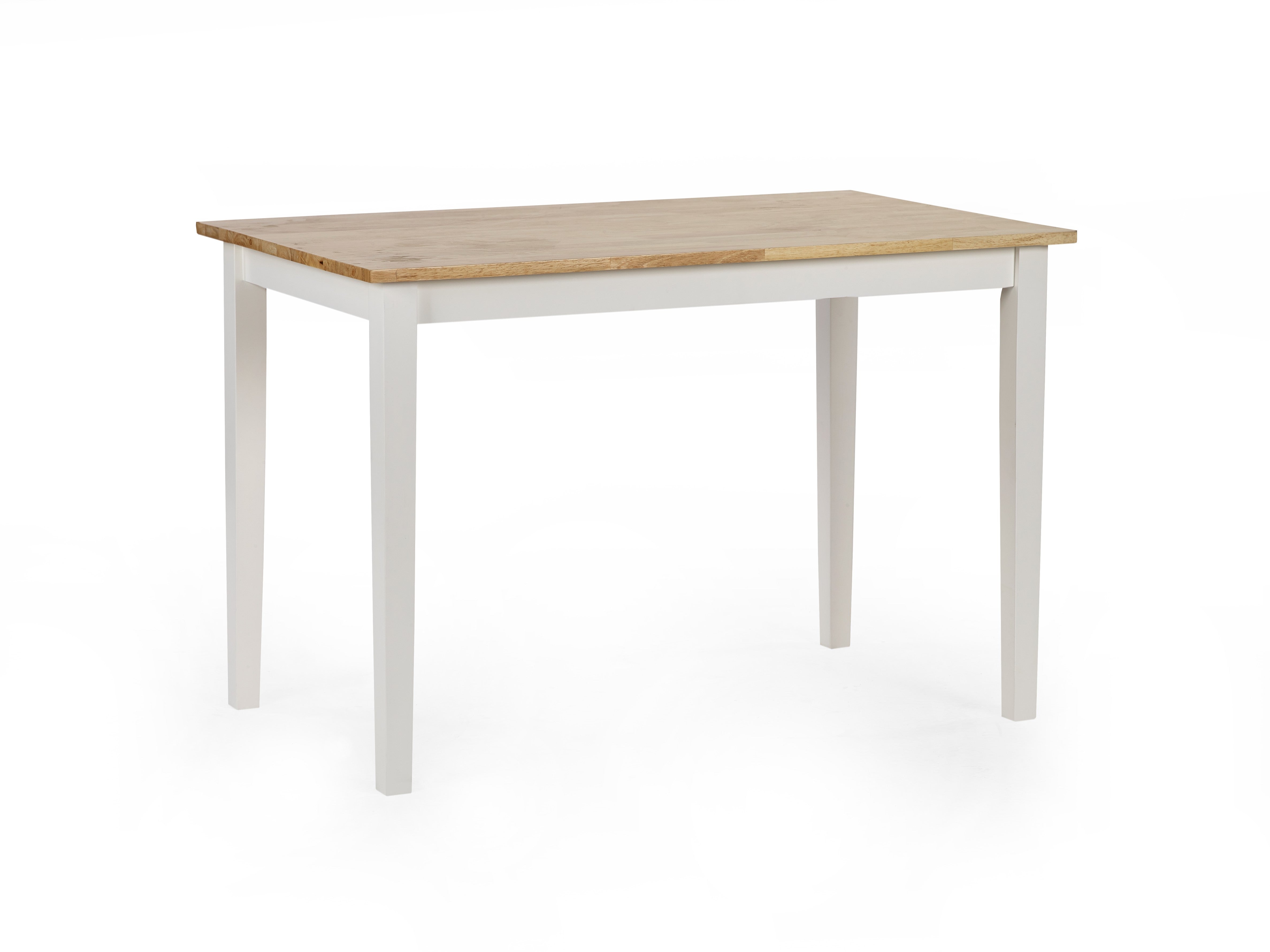 Table with wooden top and white legs on a white background