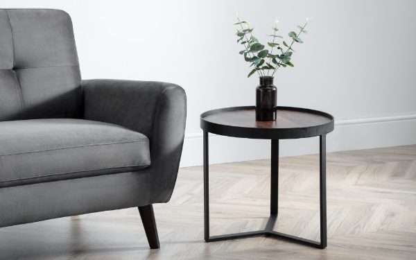 Gray sofa and black side table with a plant in a living room setting