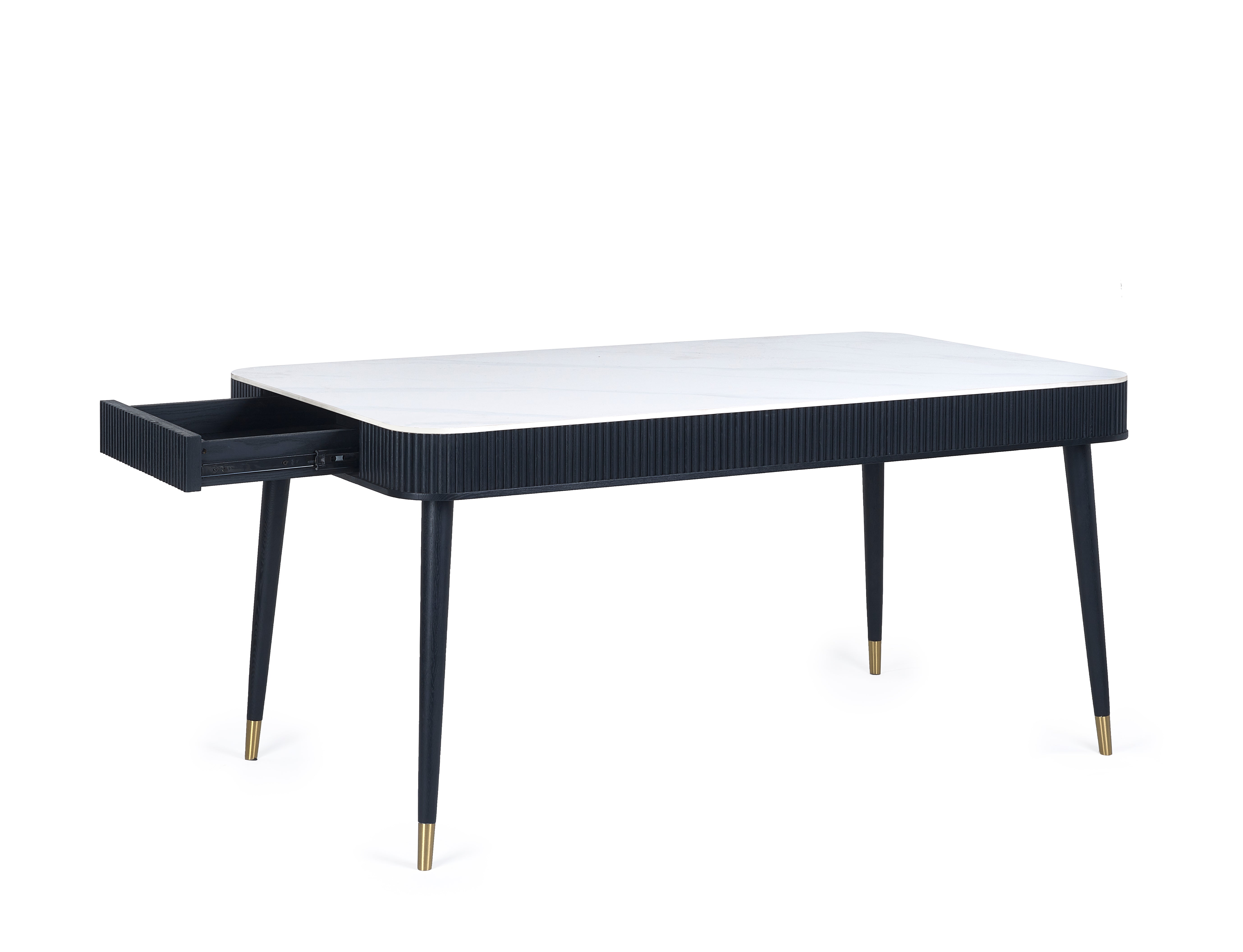 Black desk with a white top on a white background