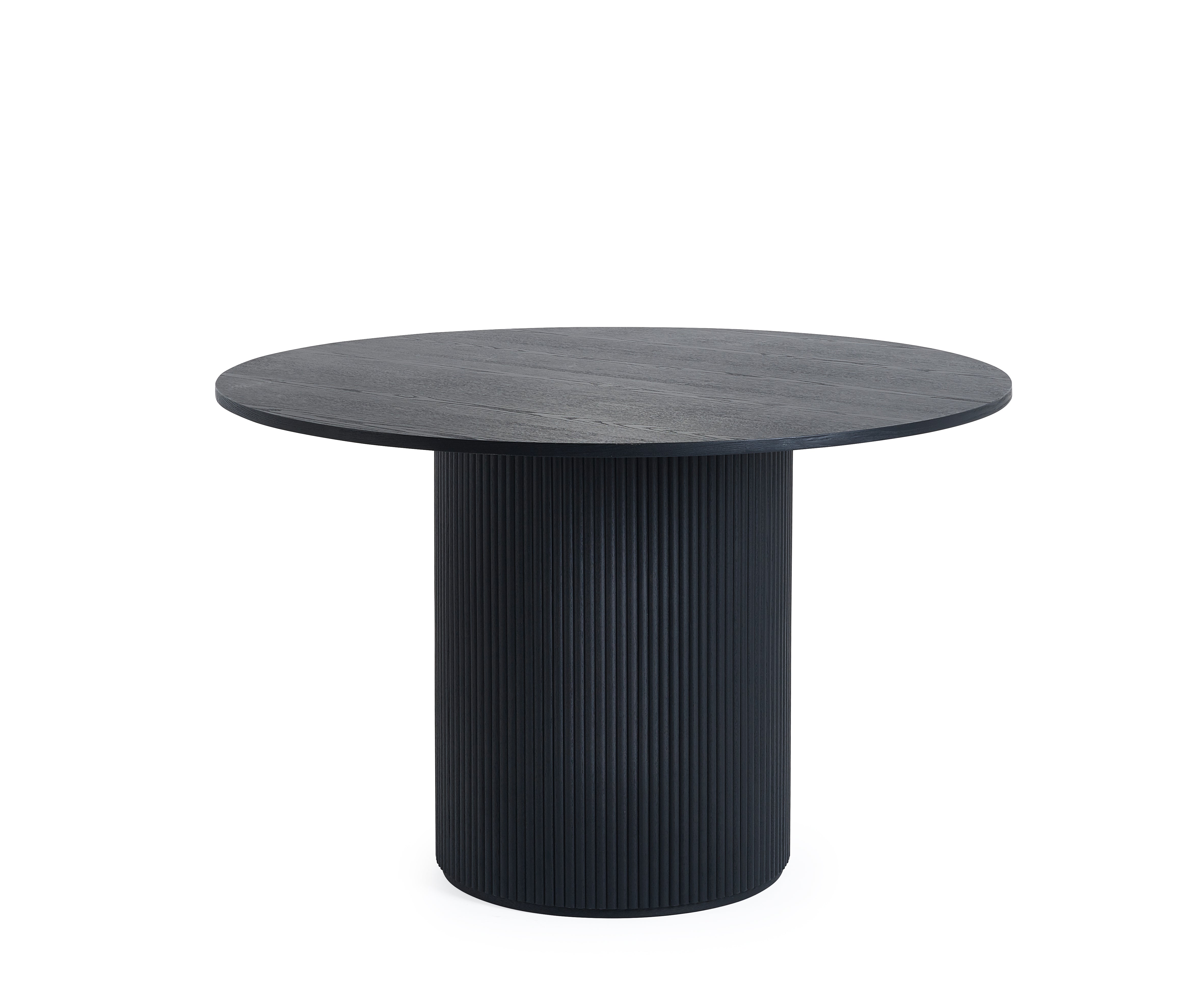 Round black table with ribbed cylindrical base on a white background