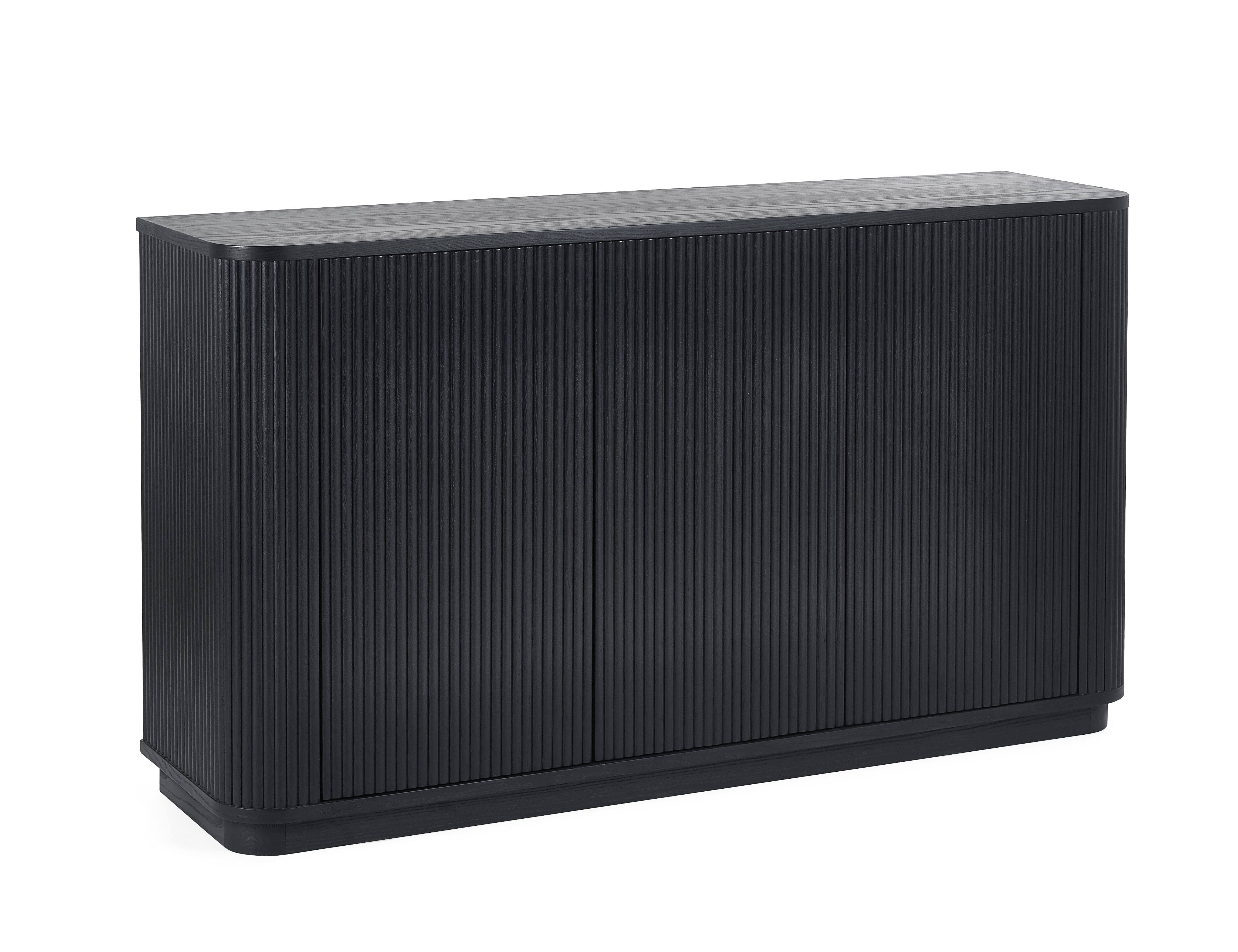 Black metal cabinet with horizontal ribbed design on a white background