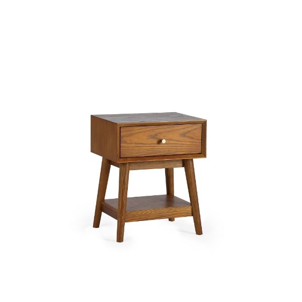 Wooden side table with a drawer on a white background