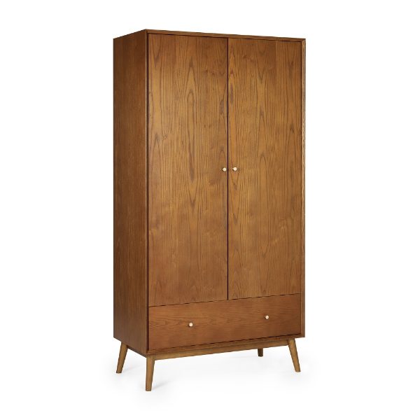 Wooden wardrobe with two doors and a drawer on a white background