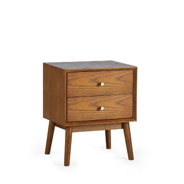 Wooden nightstand with two drawers on a white background