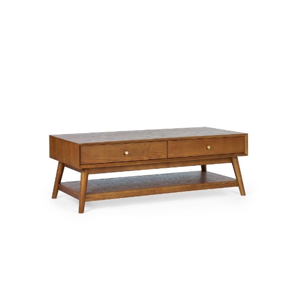 Wooden coffee table with two drawers on a white background