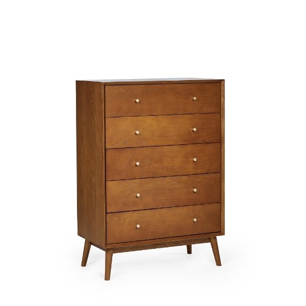Wooden dresser with four drawers on a white background