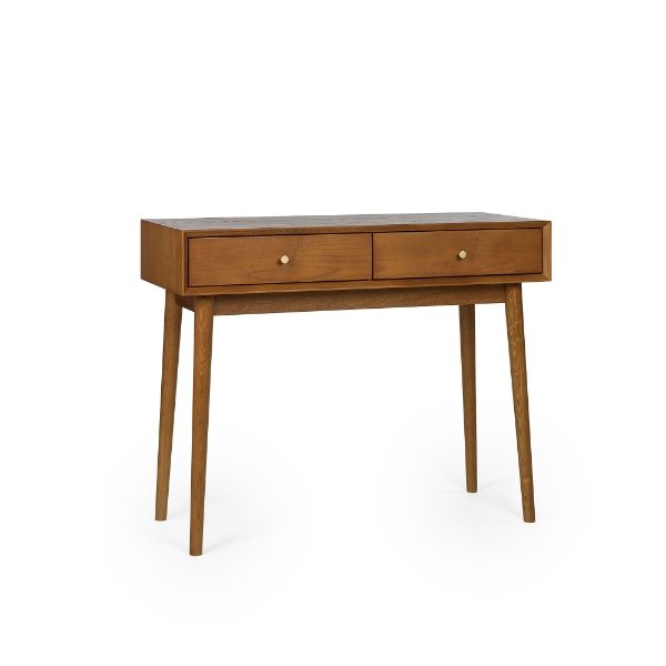 Wooden desk with two drawers on a white background