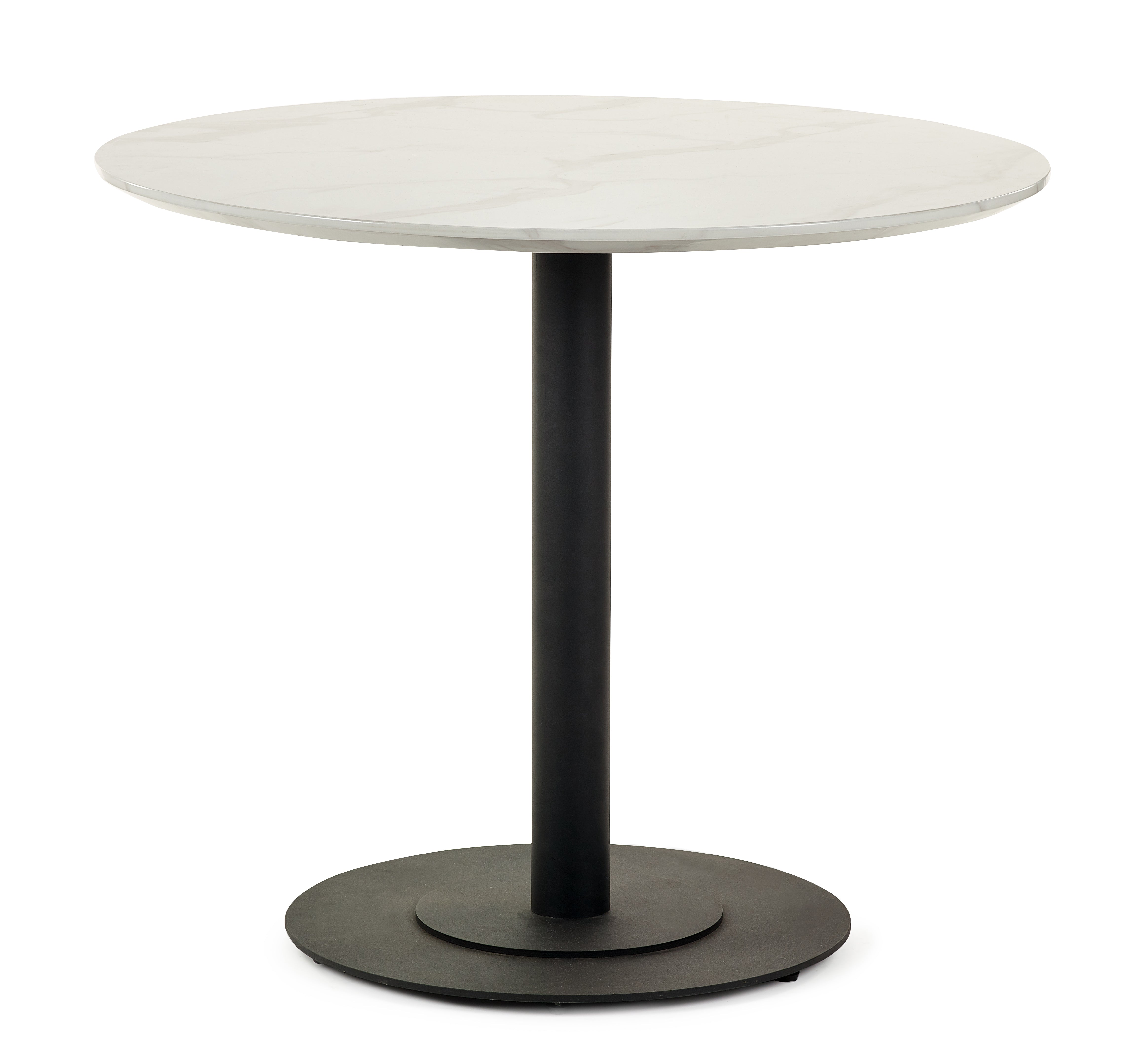 Round table with white top and black base on a white background