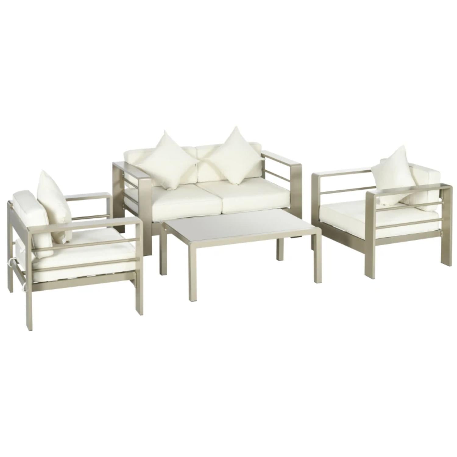 Outdoor furniture set with beige frames and white cushions on a white background