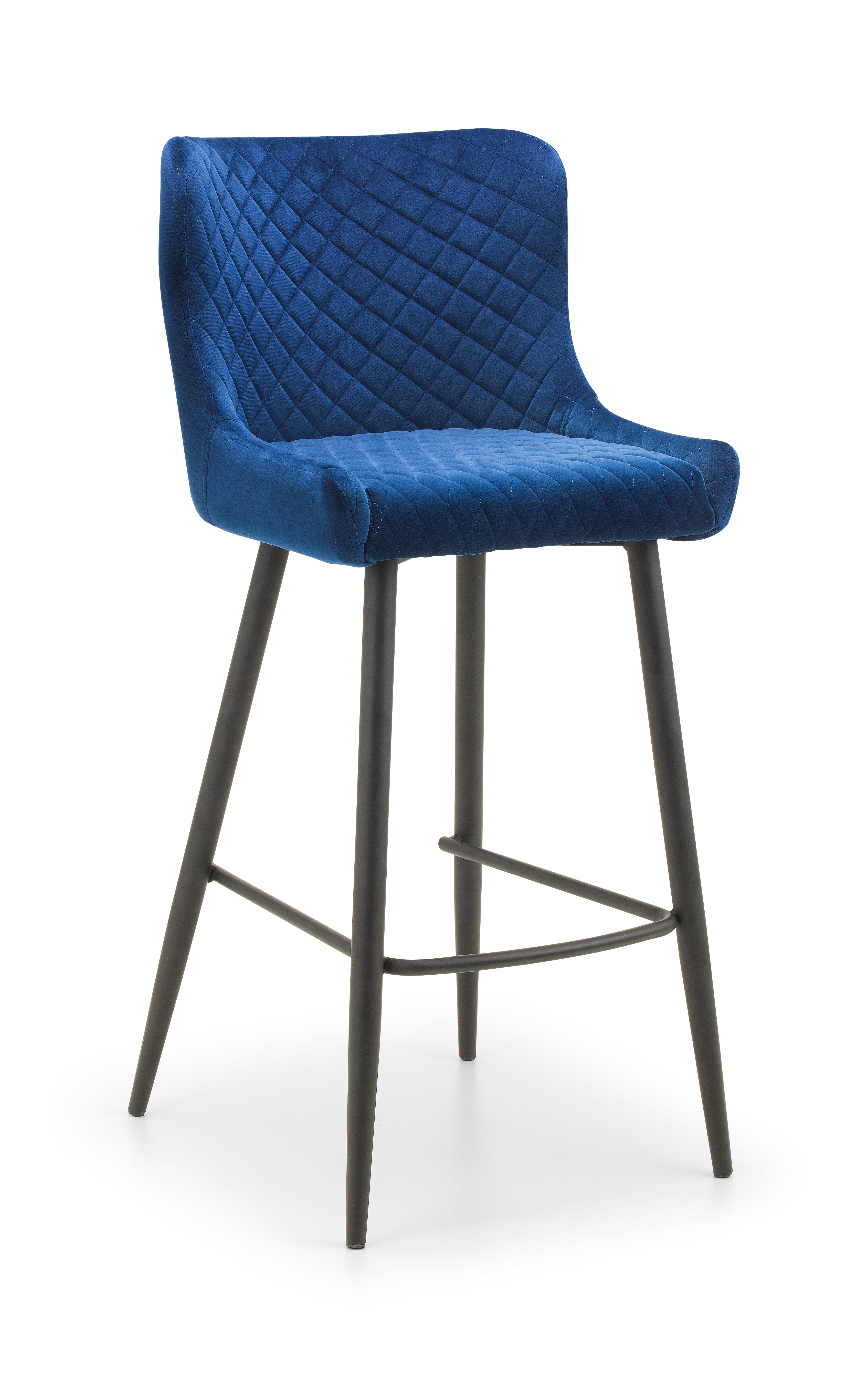 Blue quilted bar stool with black legs on a white background