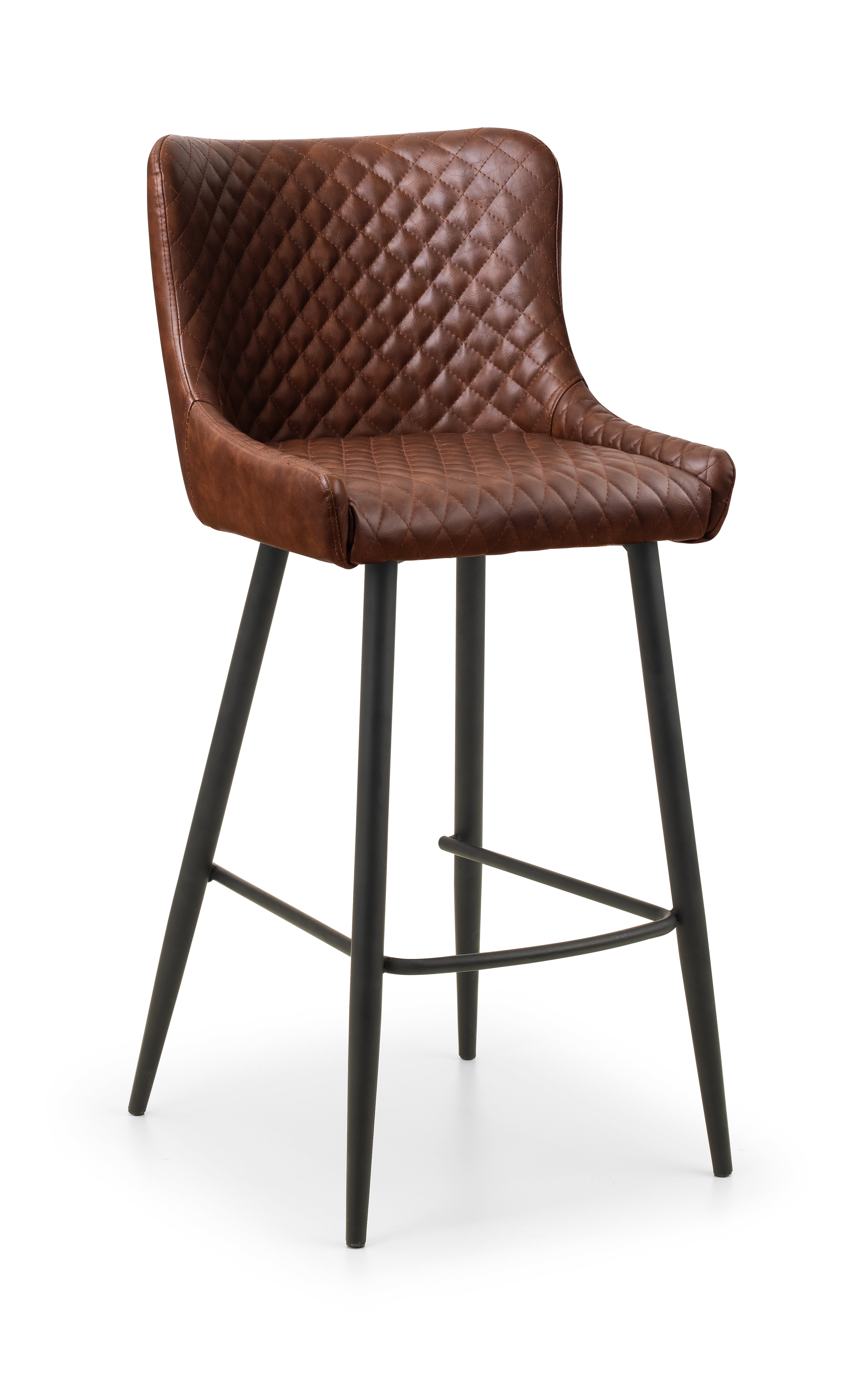 Brown quilted bar stool with black legs on a white background