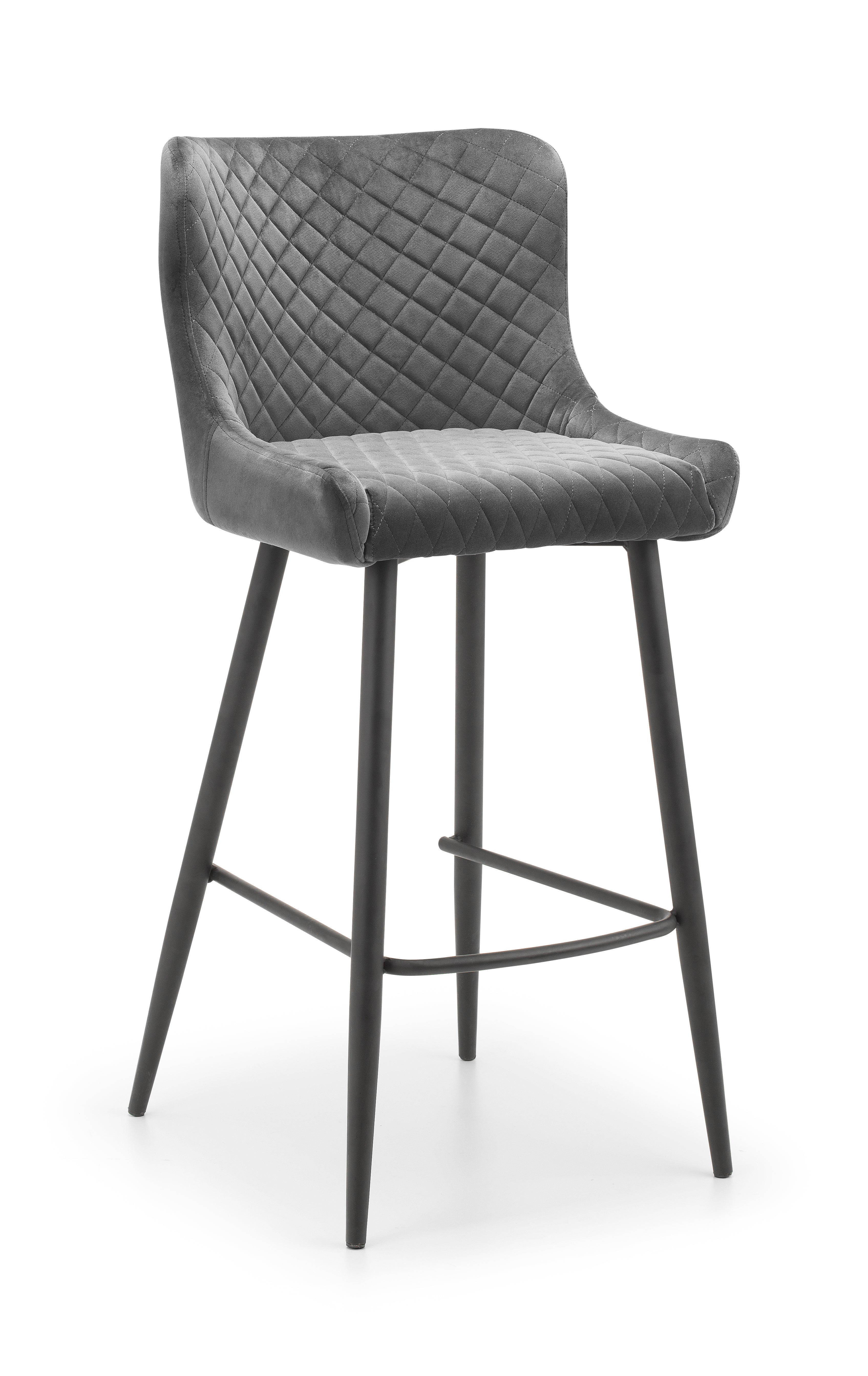 Gray quilted bar stool with black legs on a white background