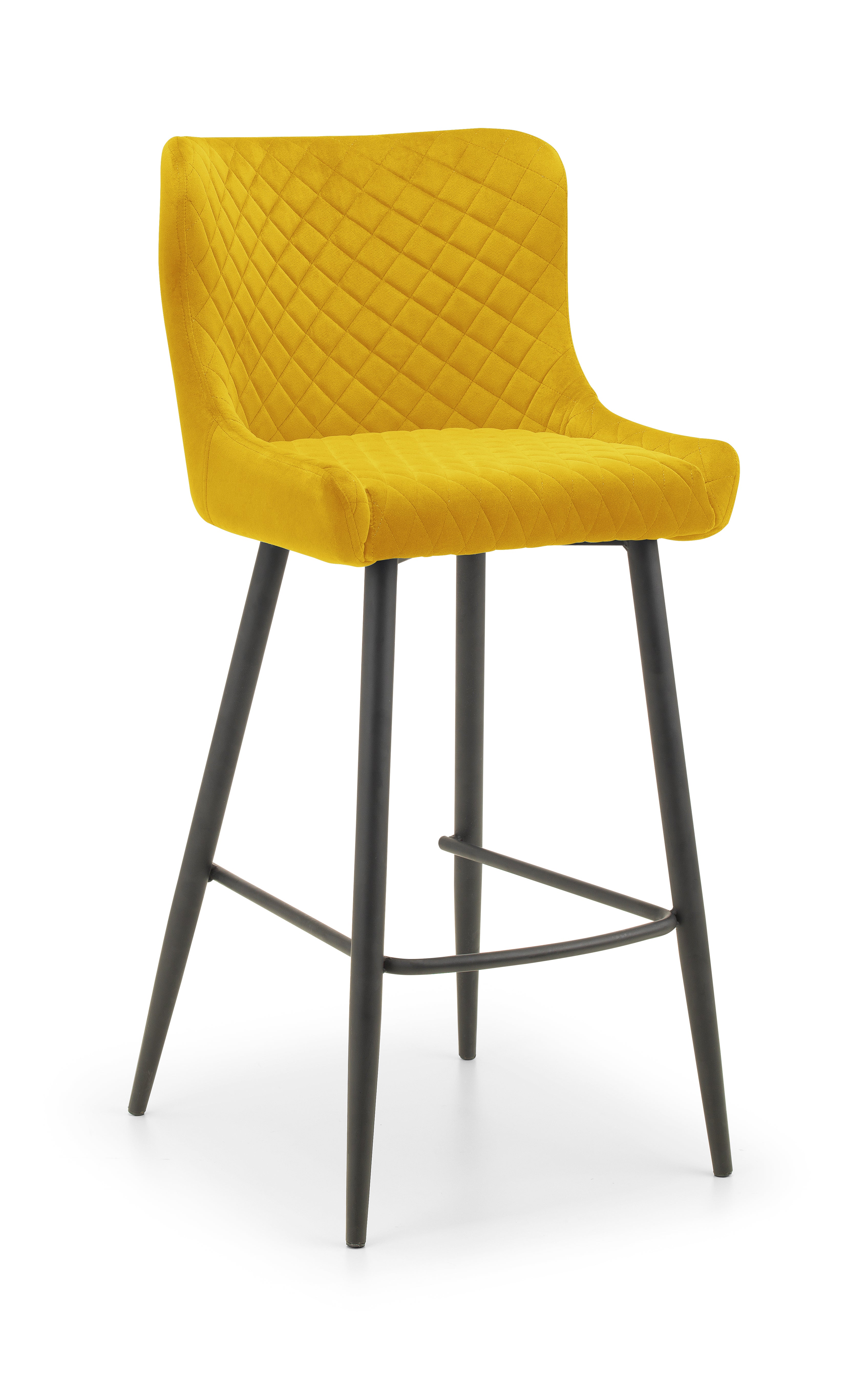 Yellow bar stool with quilted backrest on a white background