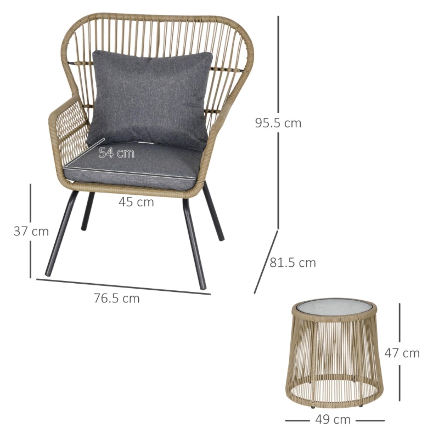 Wicker chair with dimensions and a small table beside it on a white background