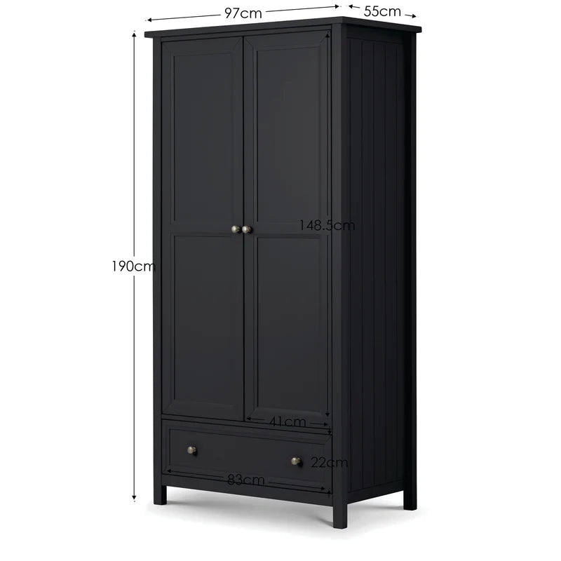 Black wardrobe with dimensions labeled on a white background