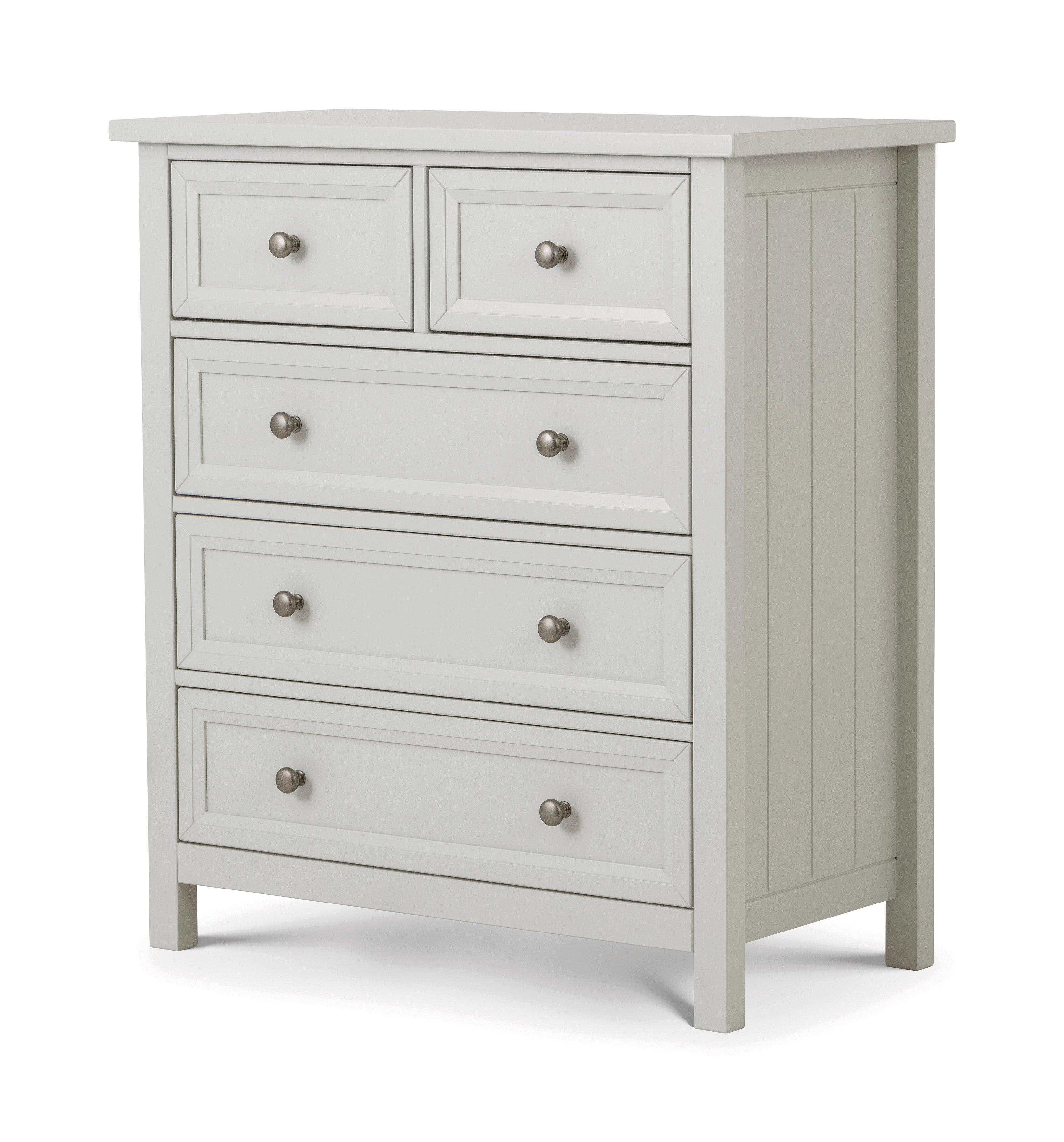 Gray dresser with four drawers on a white background