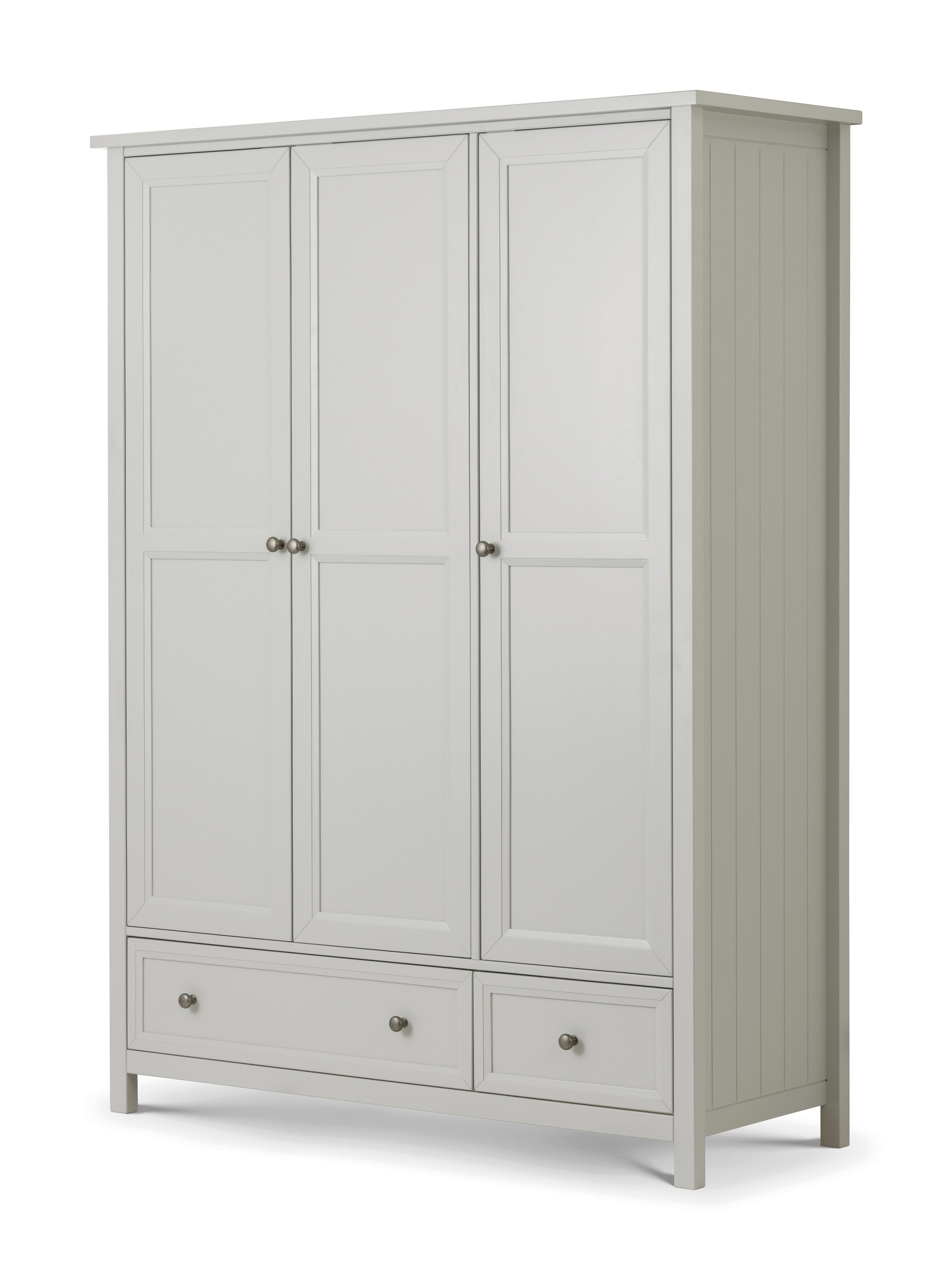 Gray wardrobe with three doors and two drawers on a white background