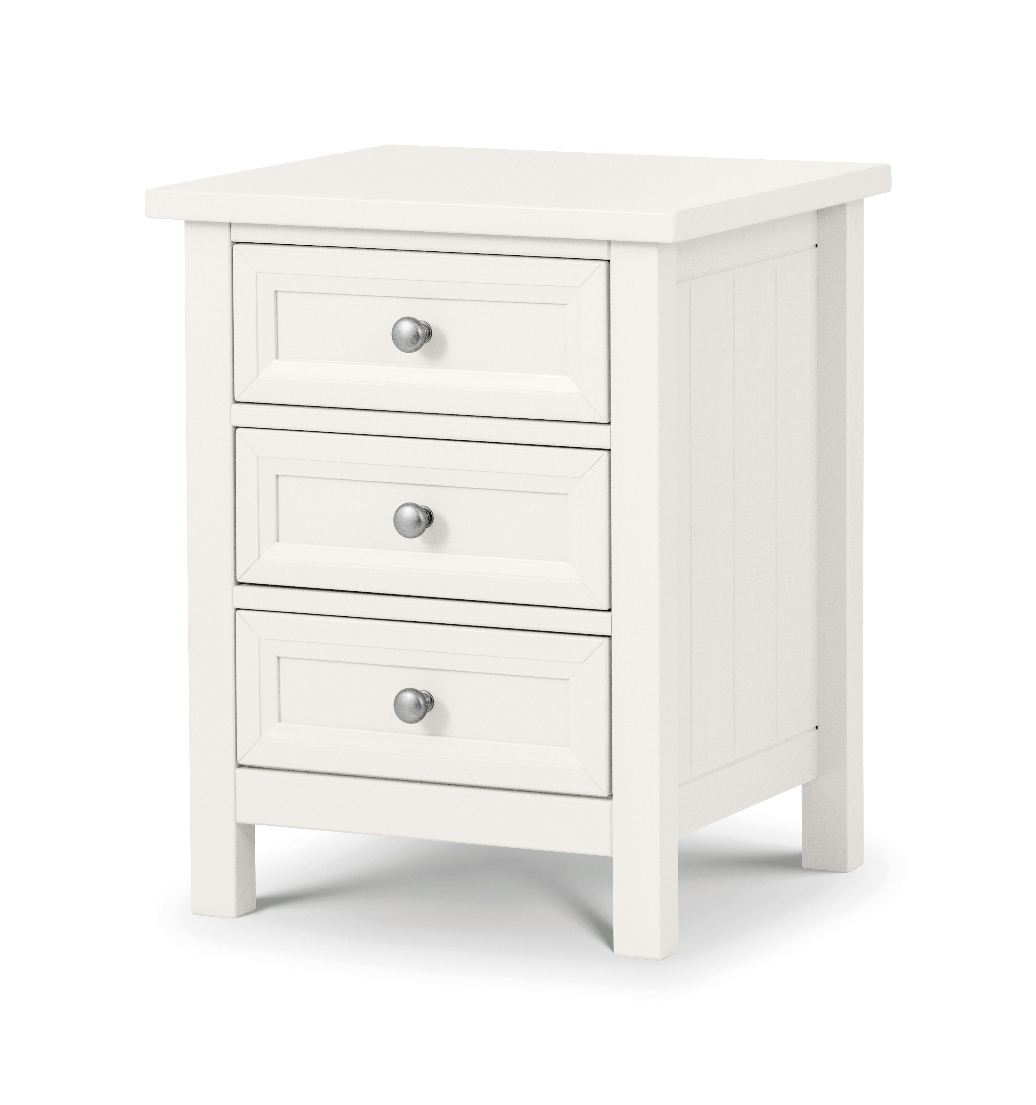 White nightstand with three drawers on a white background